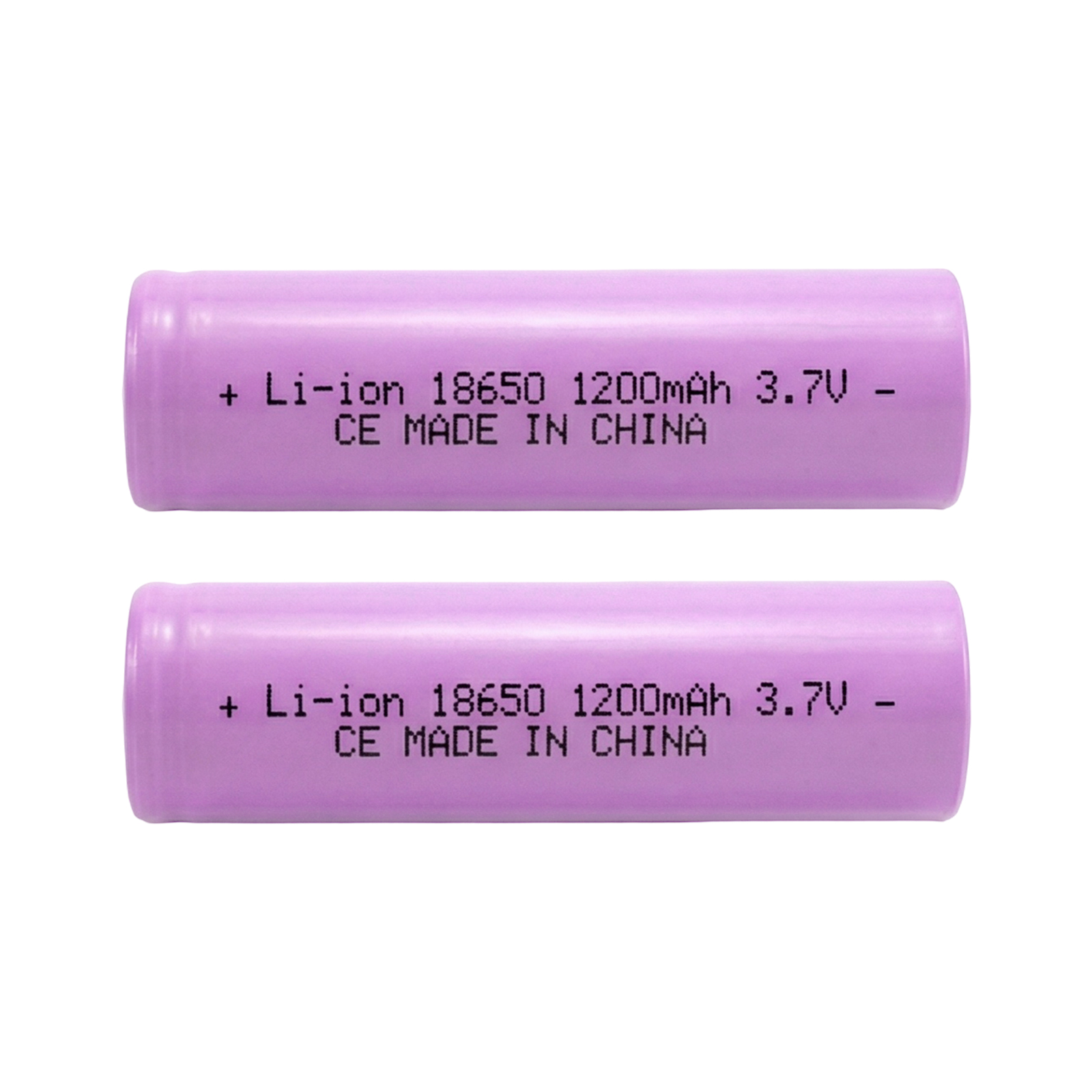 Due batterie Li-ion 18650 viola che mostrano capacità e tensione.