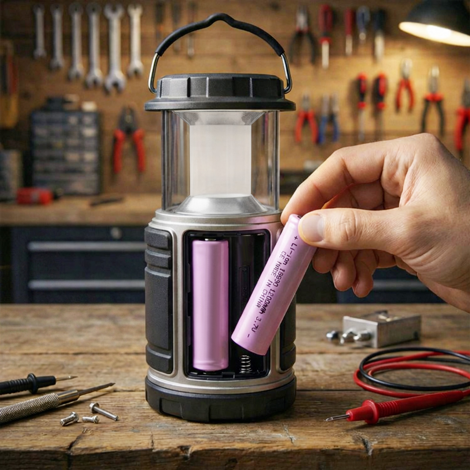 Una mano inserisce una batteria rosa in una lanterna. Attrezzi visibili in primo piano.