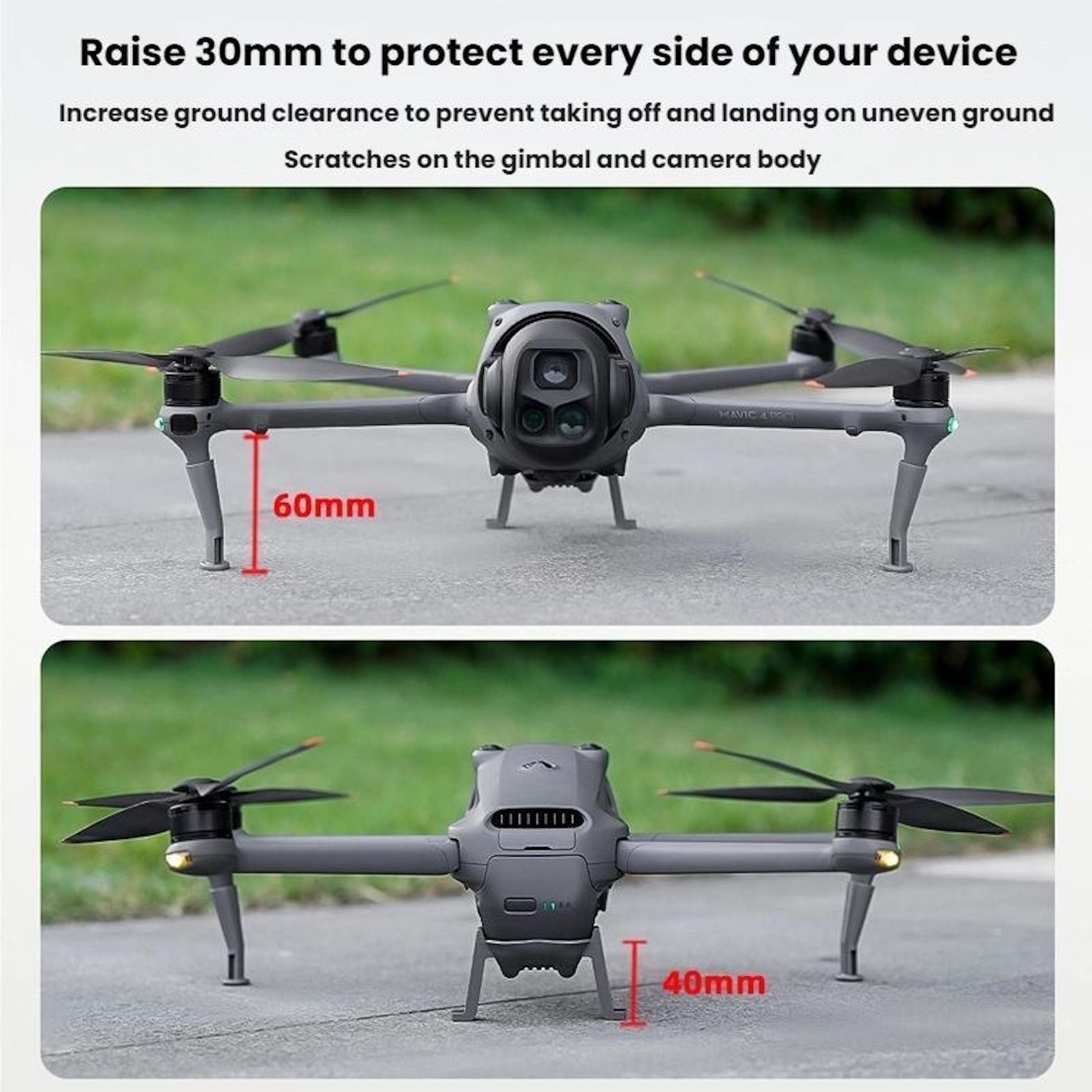 Grauer DJI Mavic 3 Drohne mit Landegestellen, 60mm und 40mm Höhenangabe.
