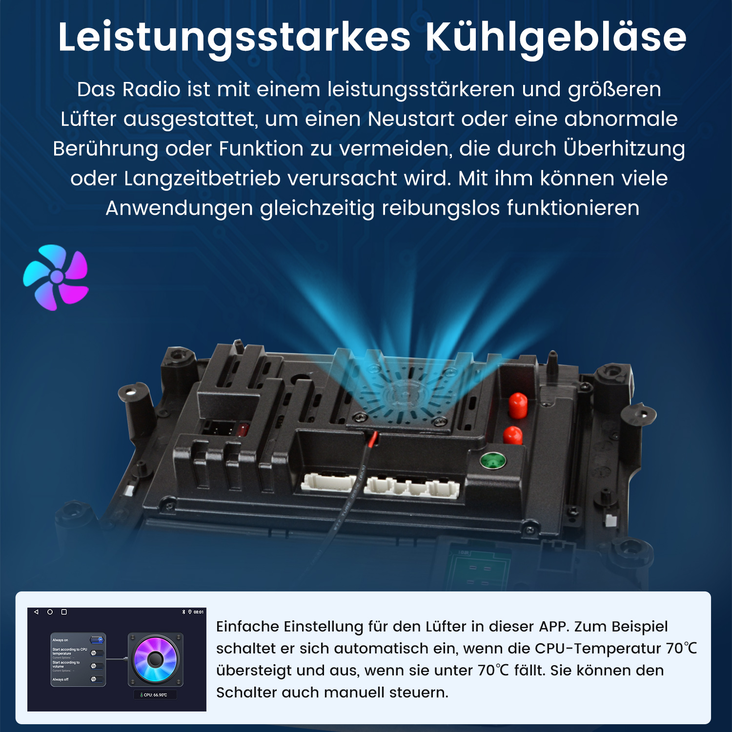 Ein leistungsstarker Lüfter für ein Autoradio, mit App-Steuerung und CPU-Temperaturanzeige.
