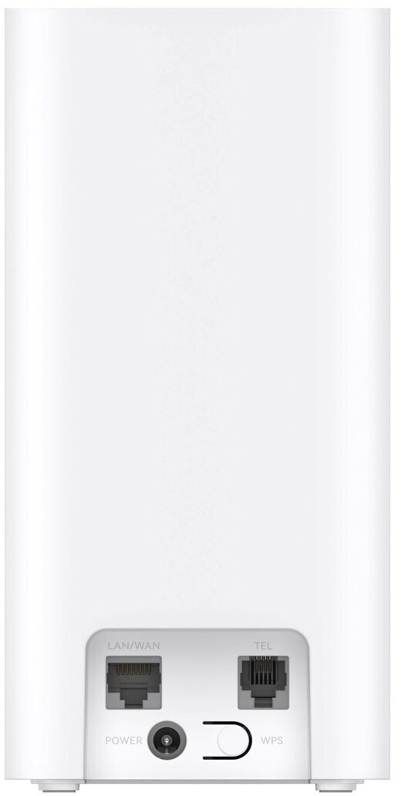Rückseite eines weißen Routers mit Anschlüssen: LAN/WAN, TEL, Power und WPS.