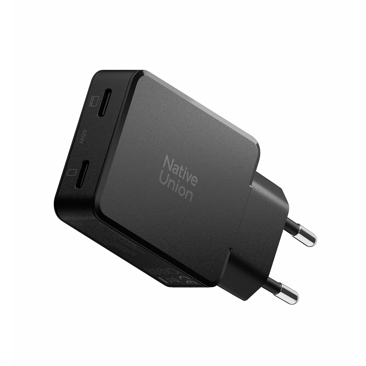 Schwarzes Netzteil mit zwei USB-C-Anschlüssen und europäischen Steckern.