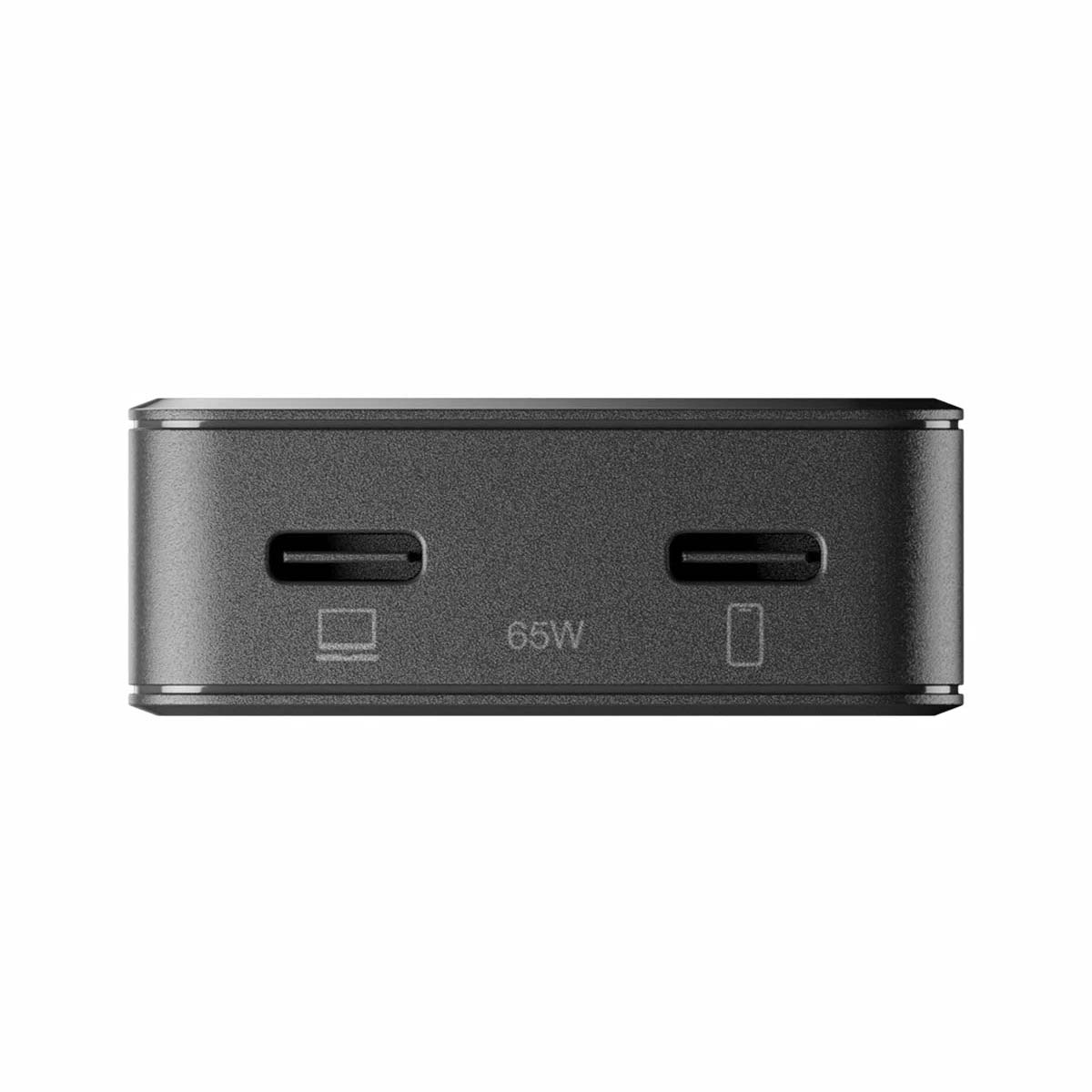 Dunkelgraues 65W Ladegerät mit zwei USB-C-Anschlüssen. Ein Anschluss hat ein Laptop-Symbol.
