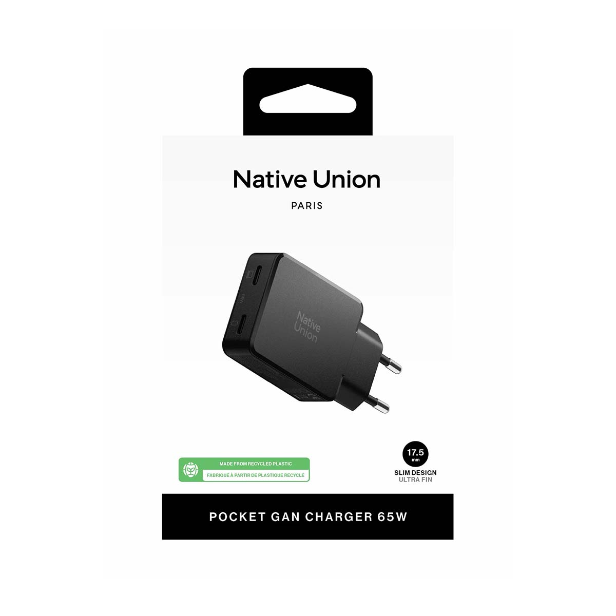 Schwarzer Native Union Netzstecker mit 2 USB-C Anschlüssen, 65W