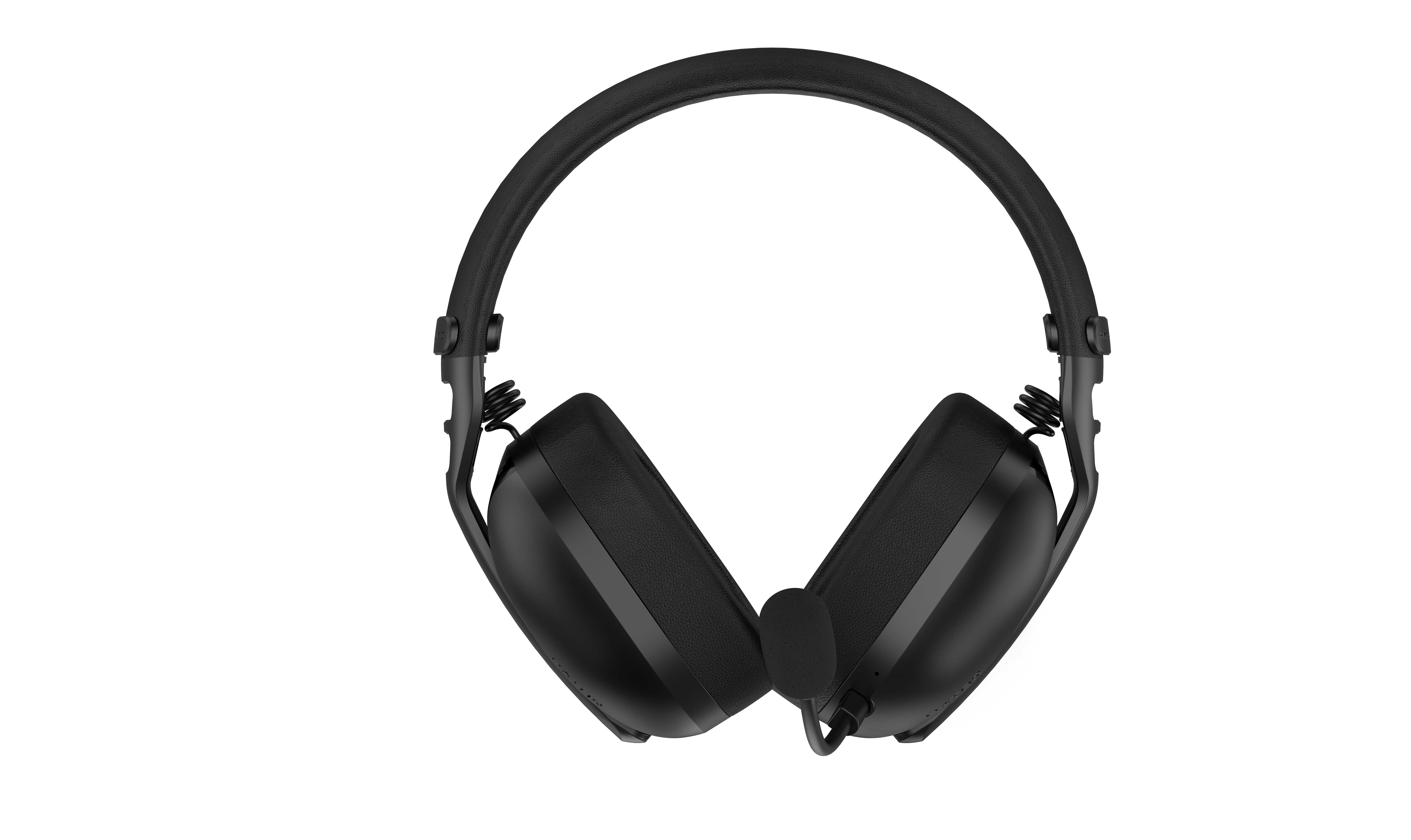 Casque noir avec arceau et écouteurs rembourrés, sur fond blanc.