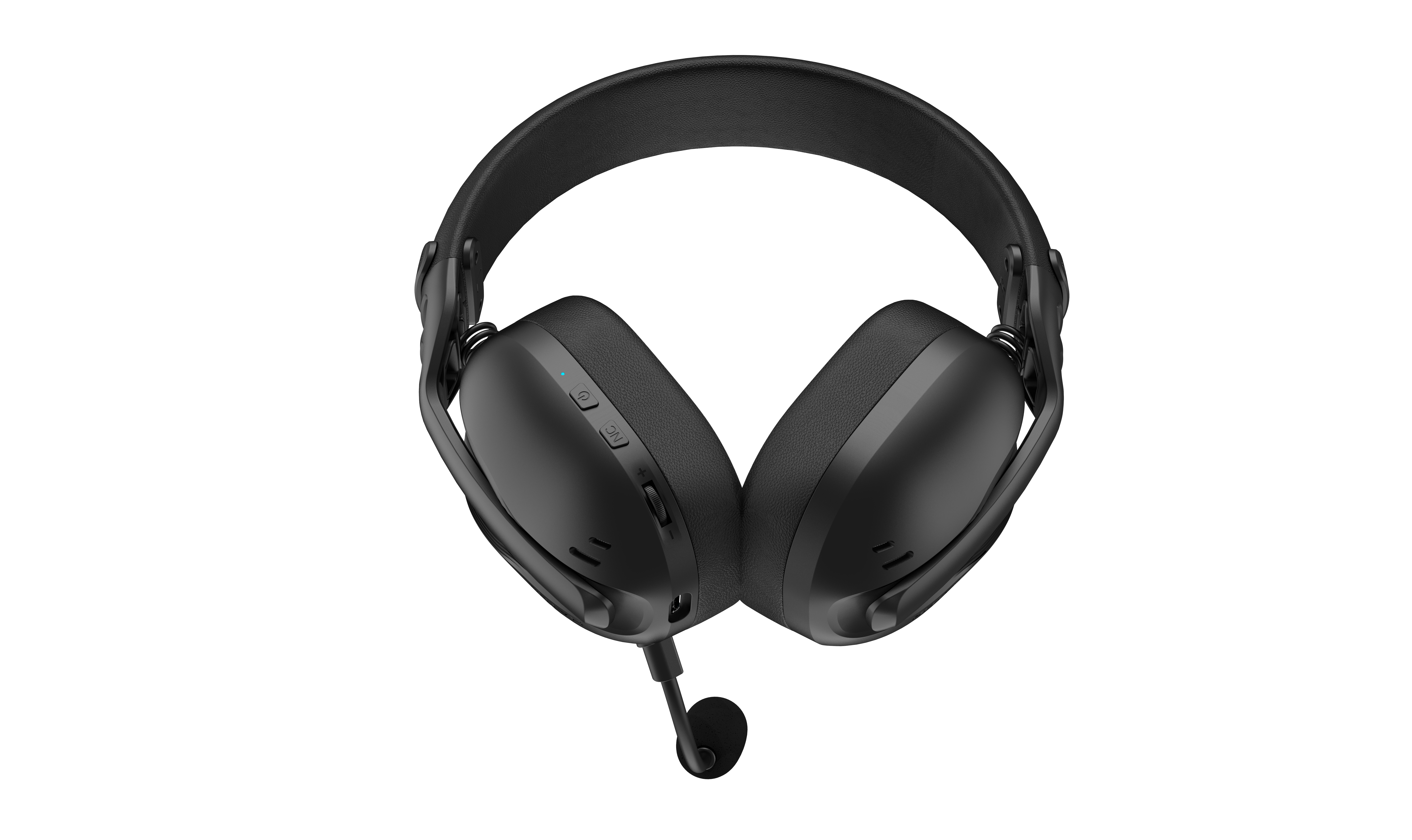Casque noir avec microphone, isolé sur fond blanc.