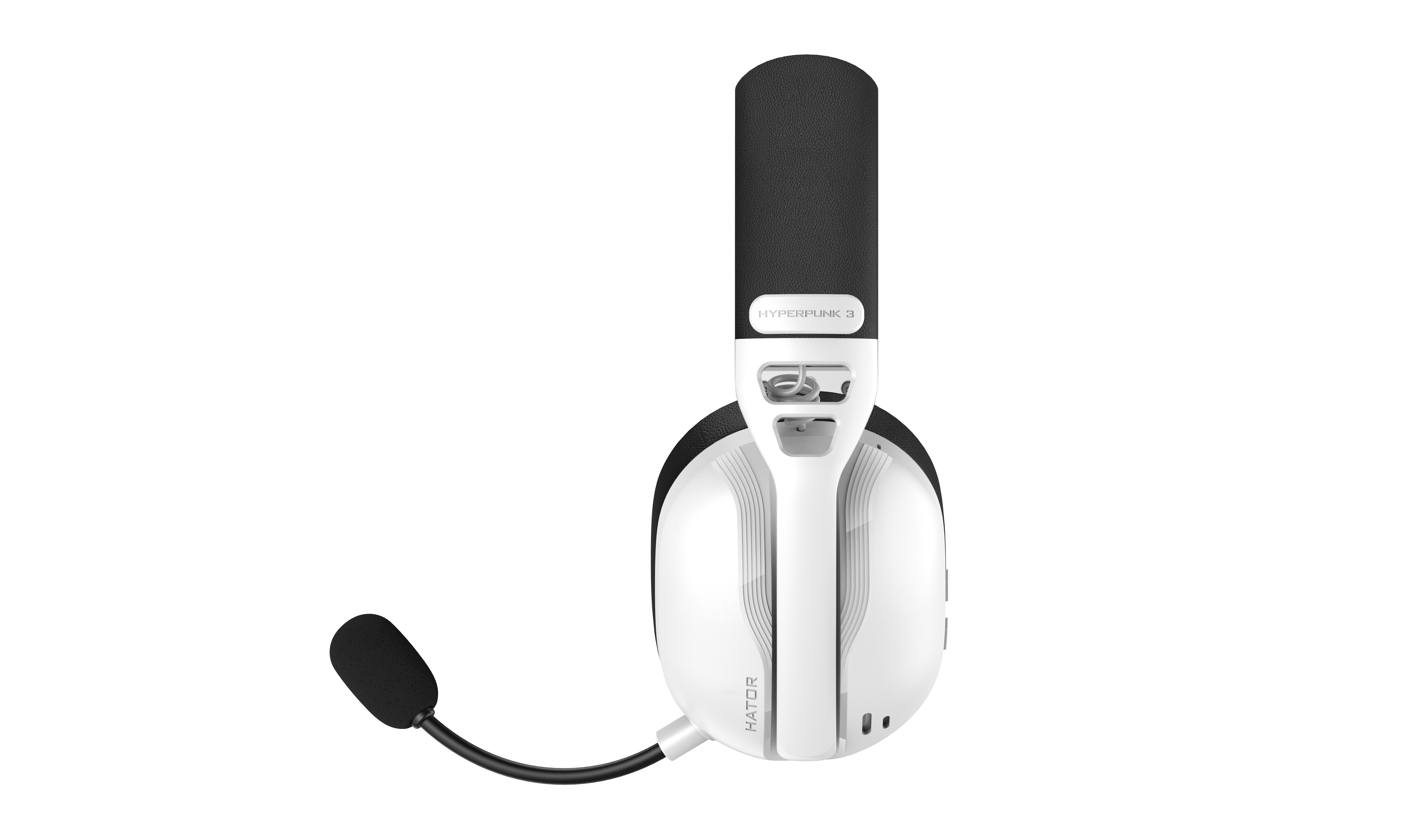 Weißes Headset mit schwarzem Mikrofon und schwarzem Kopfbügel.