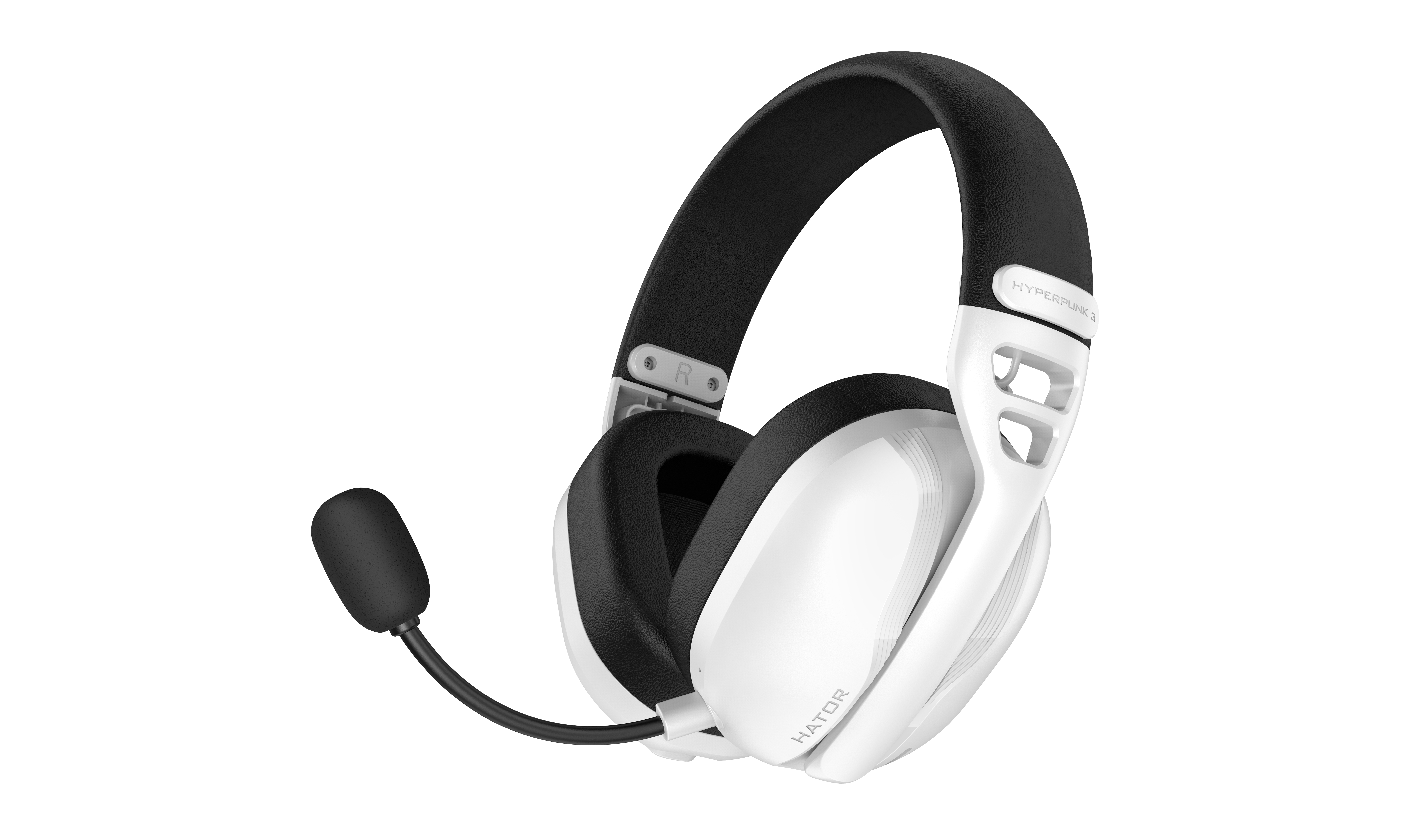 Ein weißes Headset mit schwarzem Kopfbügel und Mikrofon auf weißem Hintergrund.