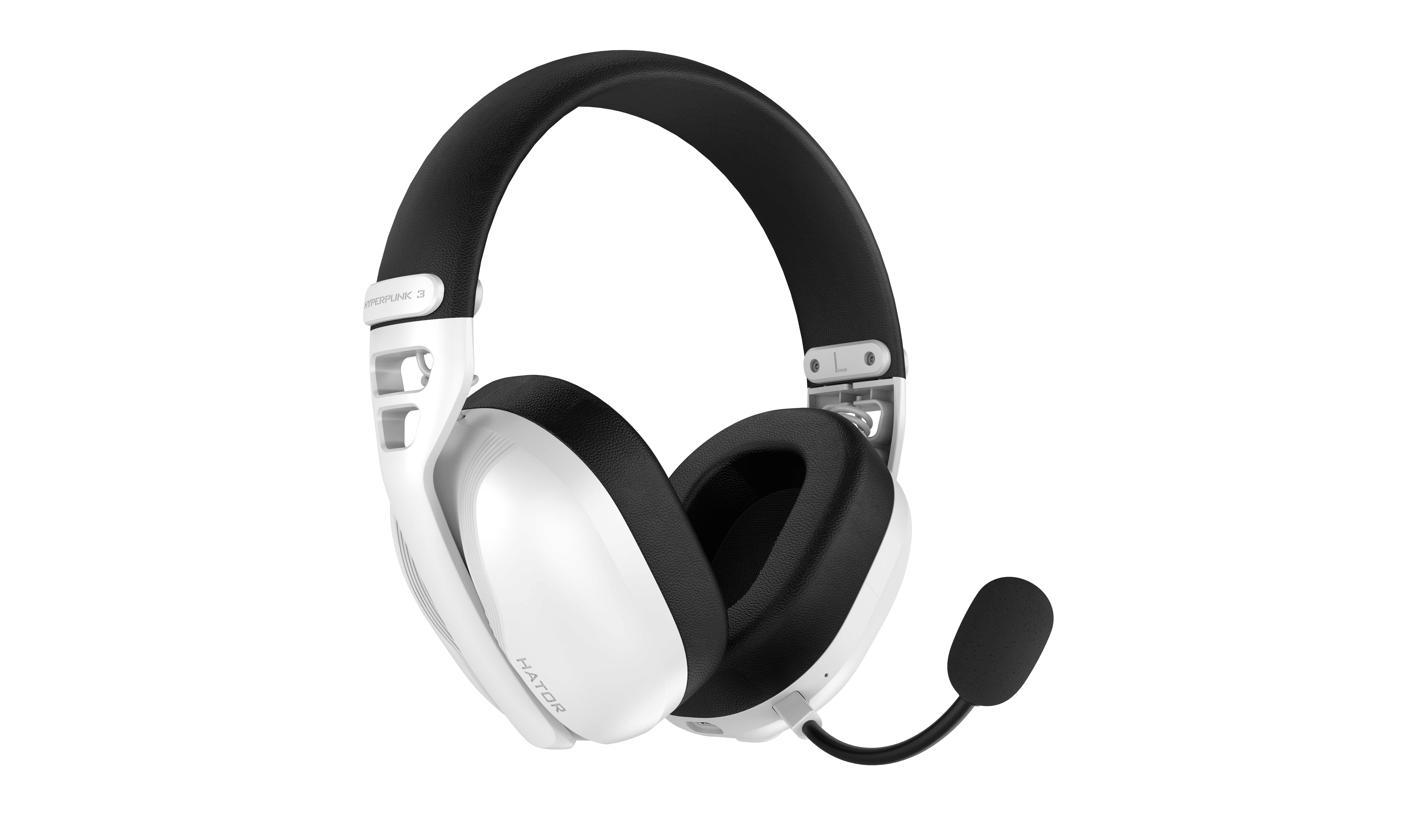 Ein weißer Over-Ear-Kopfhörer mit schwarzem Kopfbügel und Mikrofon.