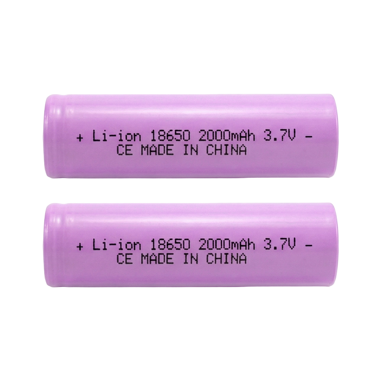 Due batterie viola Li-ion 18650 2000mAh 3.7V, Made in China.