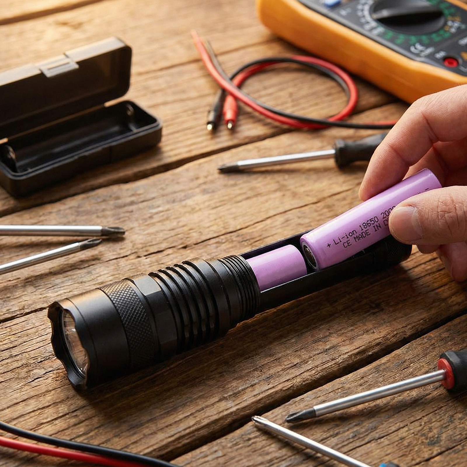 Una mano inserisce una batteria viola in una torcia nera. Attrezzi sparsi sul tavolo.