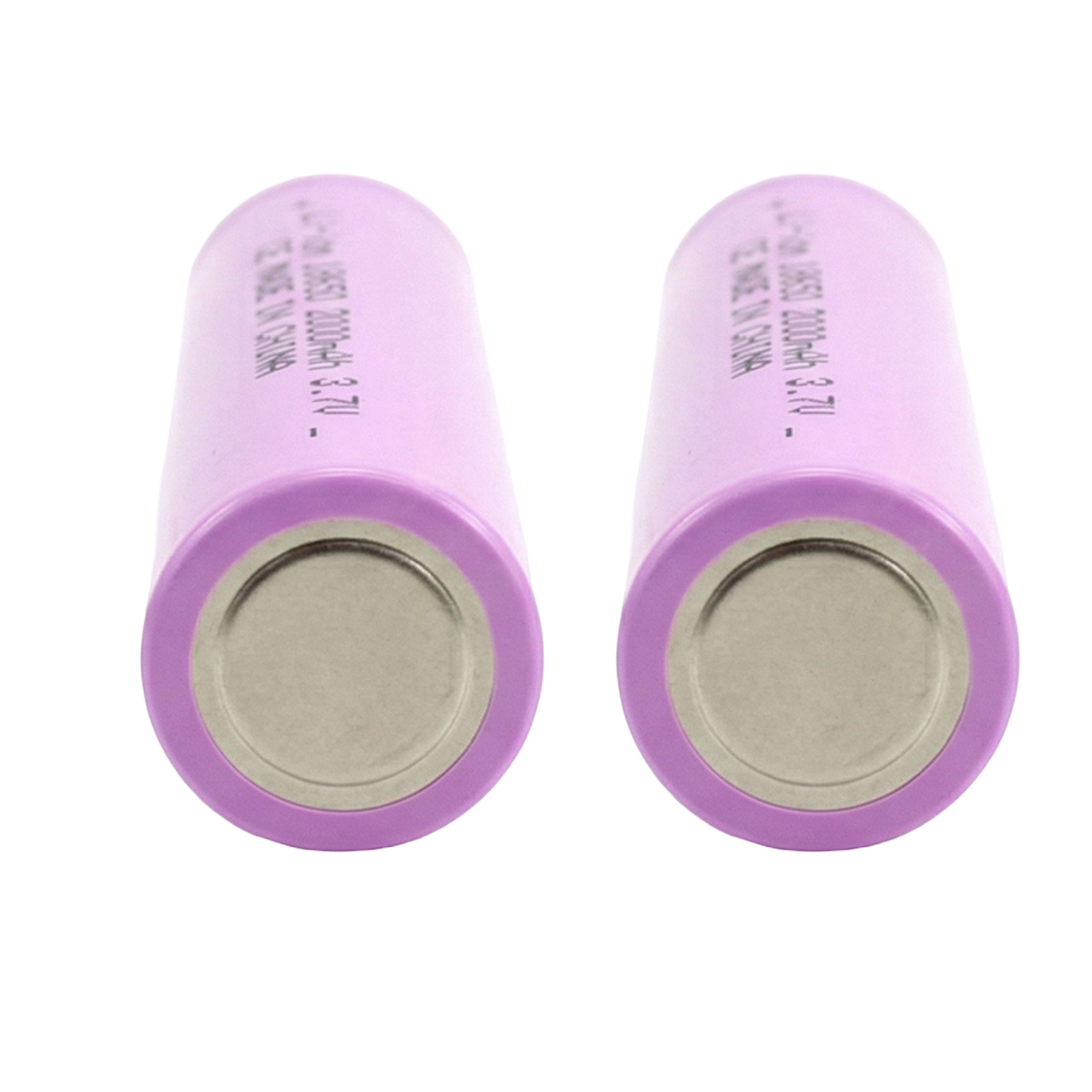 Due batterie 18650 viola, 3,7V, 2000mAh, su sfondo bianco.