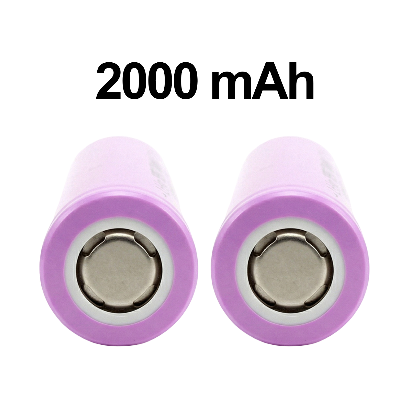 Due batterie viola da 2000 mAh, vista ravvicinata dei terminali positivi.