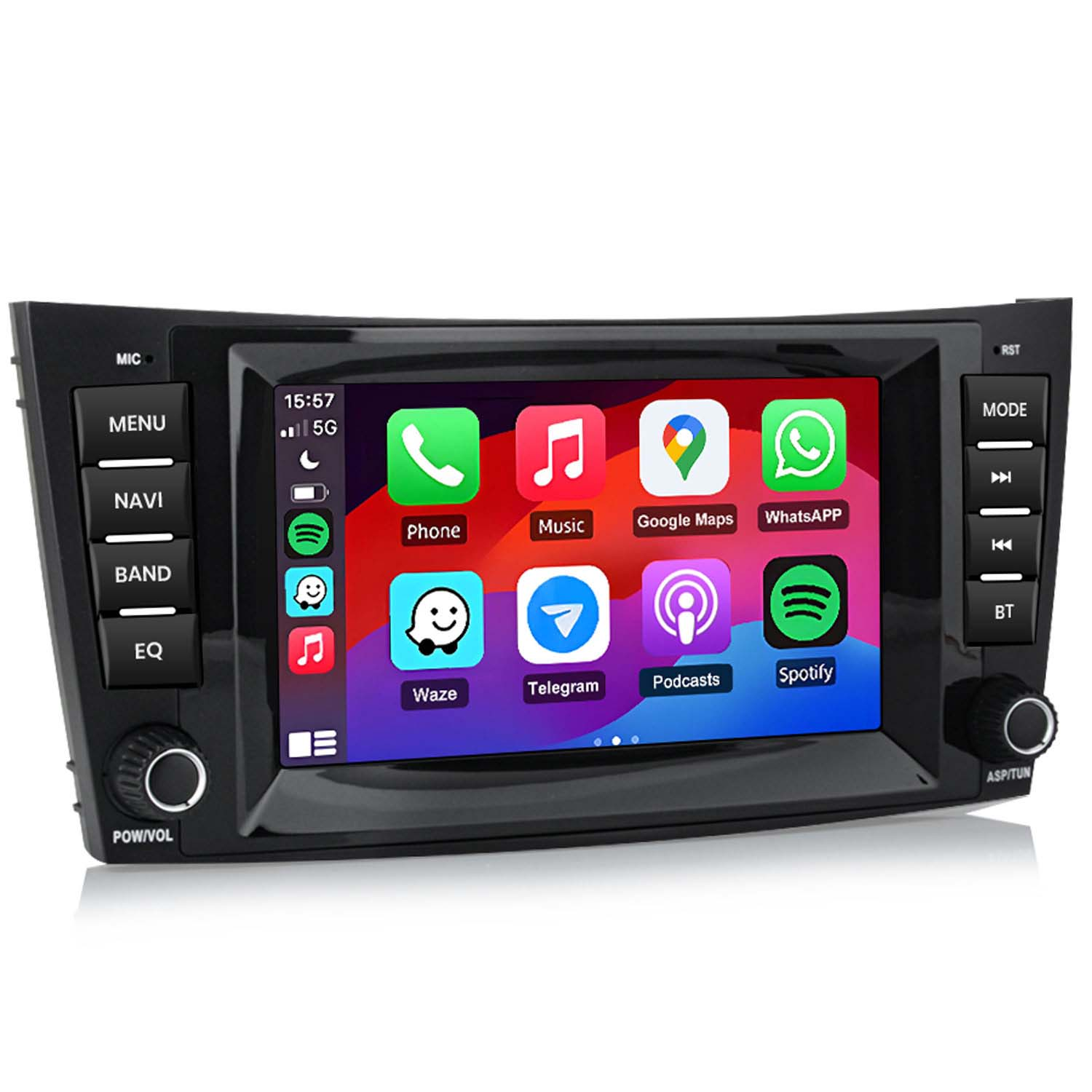 Ein schwarzer Touchscreen-Infotainment-Bildschirm mit App-Symbolen wie Telefon, Musik, Google Maps, WhatsApp.