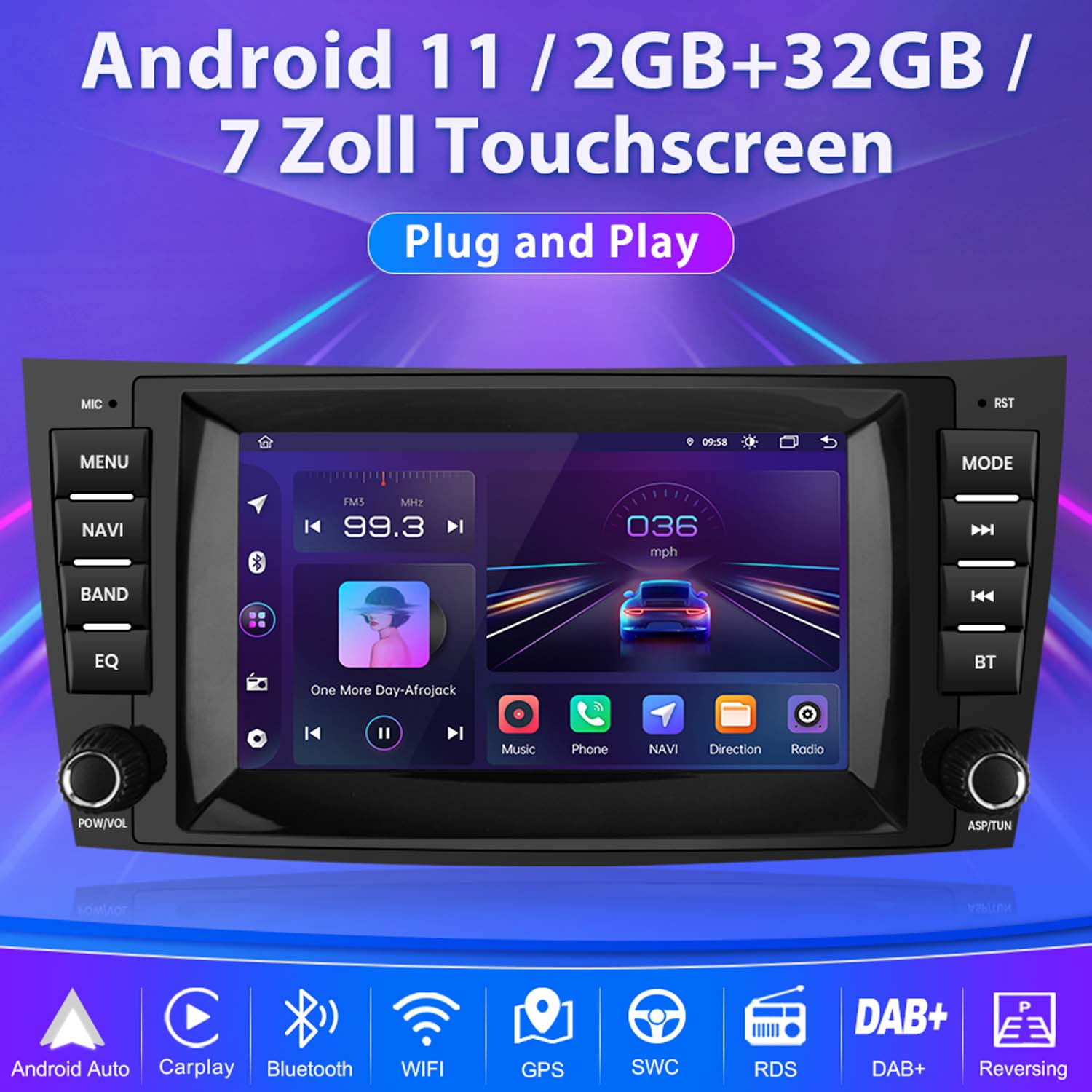 Android 11 Autoradio mit 7-Zoll-Touchscreen, Navigation, Musik und Radio-Apps.