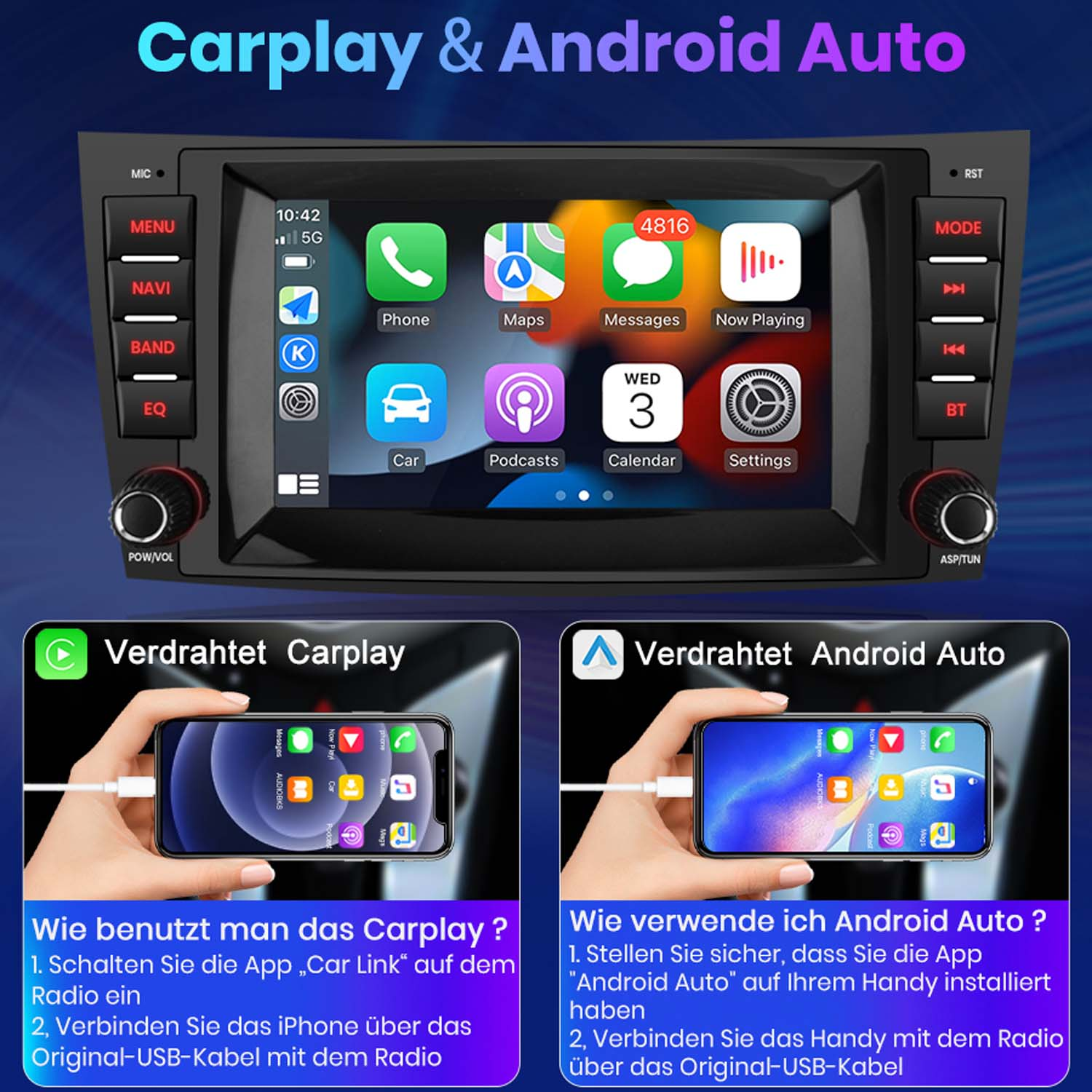 Ein Autoradio mit "Carplay & Android Auto" Schriftzug und Bildschirmen.
