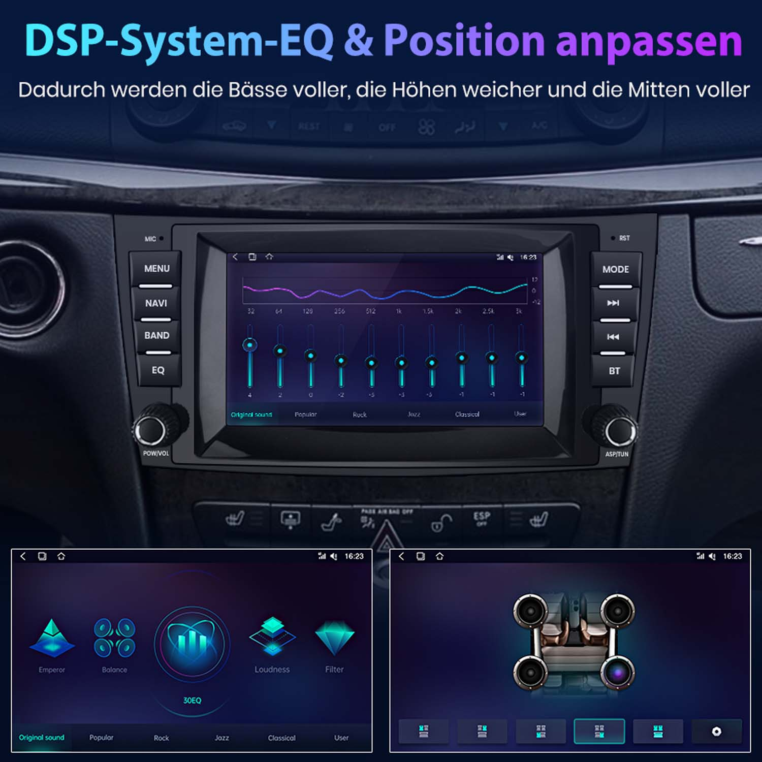 Ein Auto-Infotainmentsystem mit EQ-Einstellungen, Equalizer-Balken und Sound-Modi.