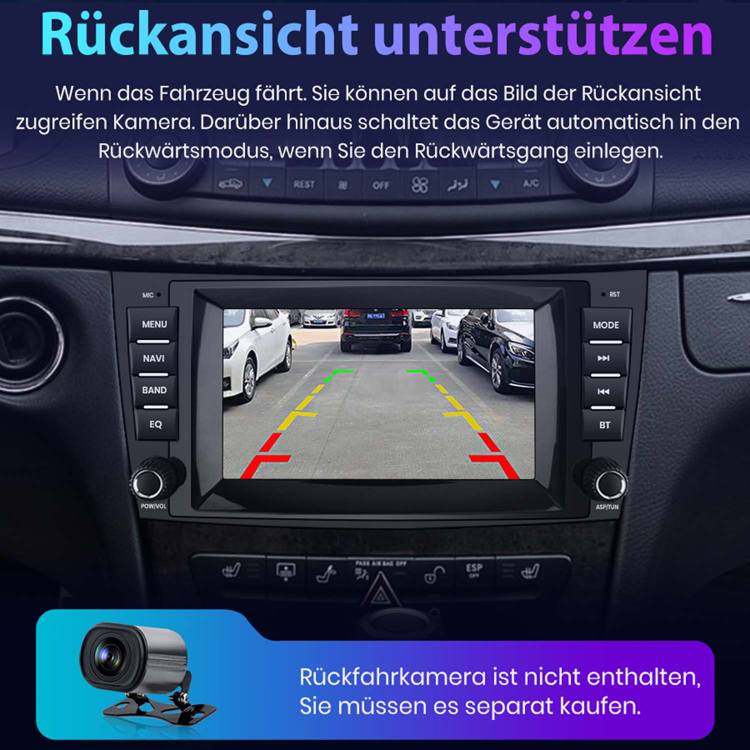 Armaturenbrett mit Rückfahrkamera-Bildschirm und Text.