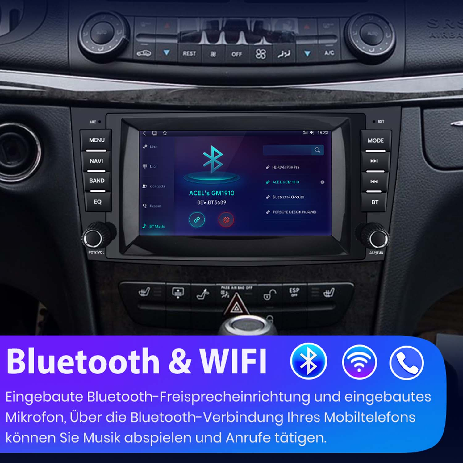 Ein Autoradio-Bildschirm zeigt Bluetooth-Optionen. Unten steht "Bluetooth & WIFI" mit Symbolen.