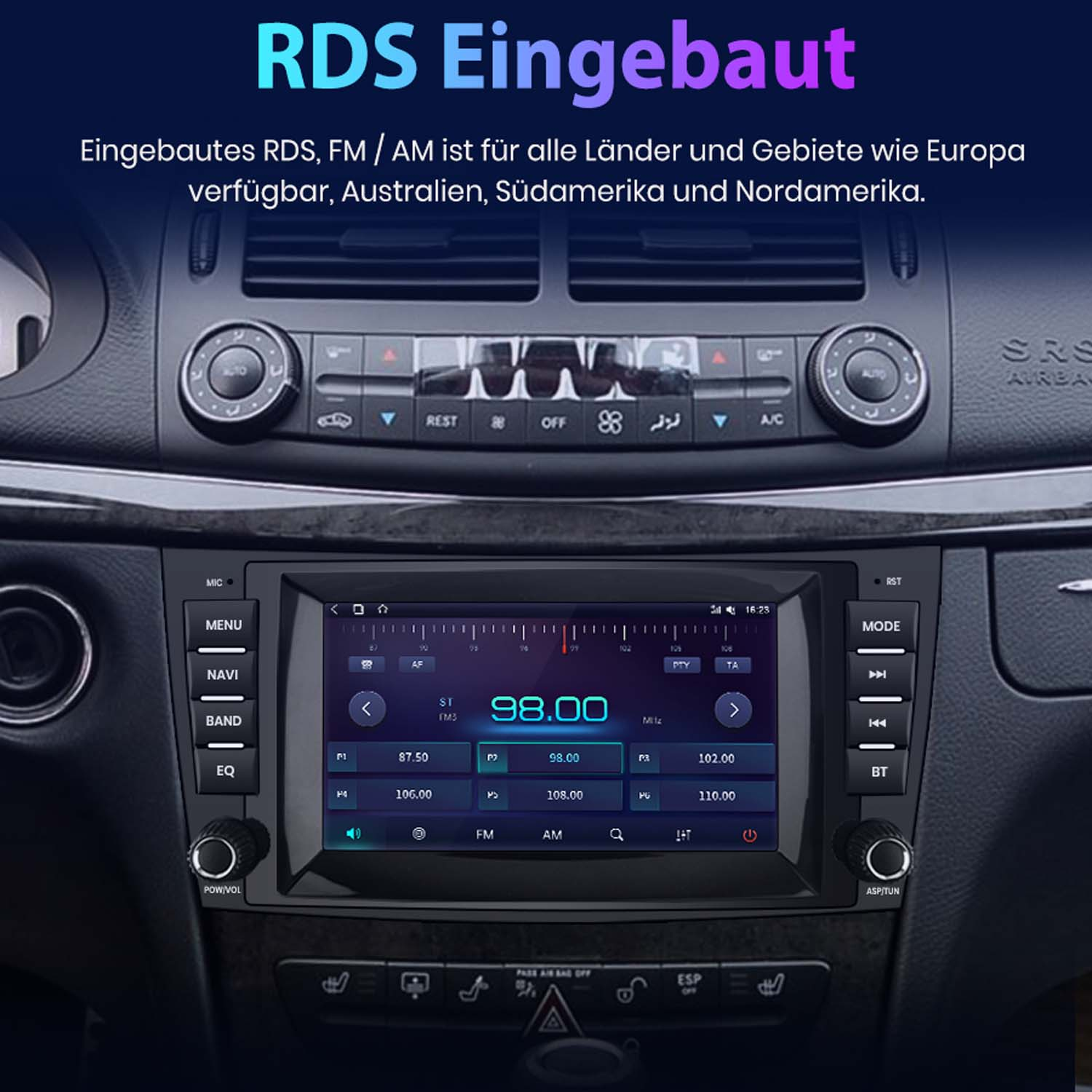 Ein Autoradio-Bildschirm zeigt Senderfrequenzen und Menüoptionen an.