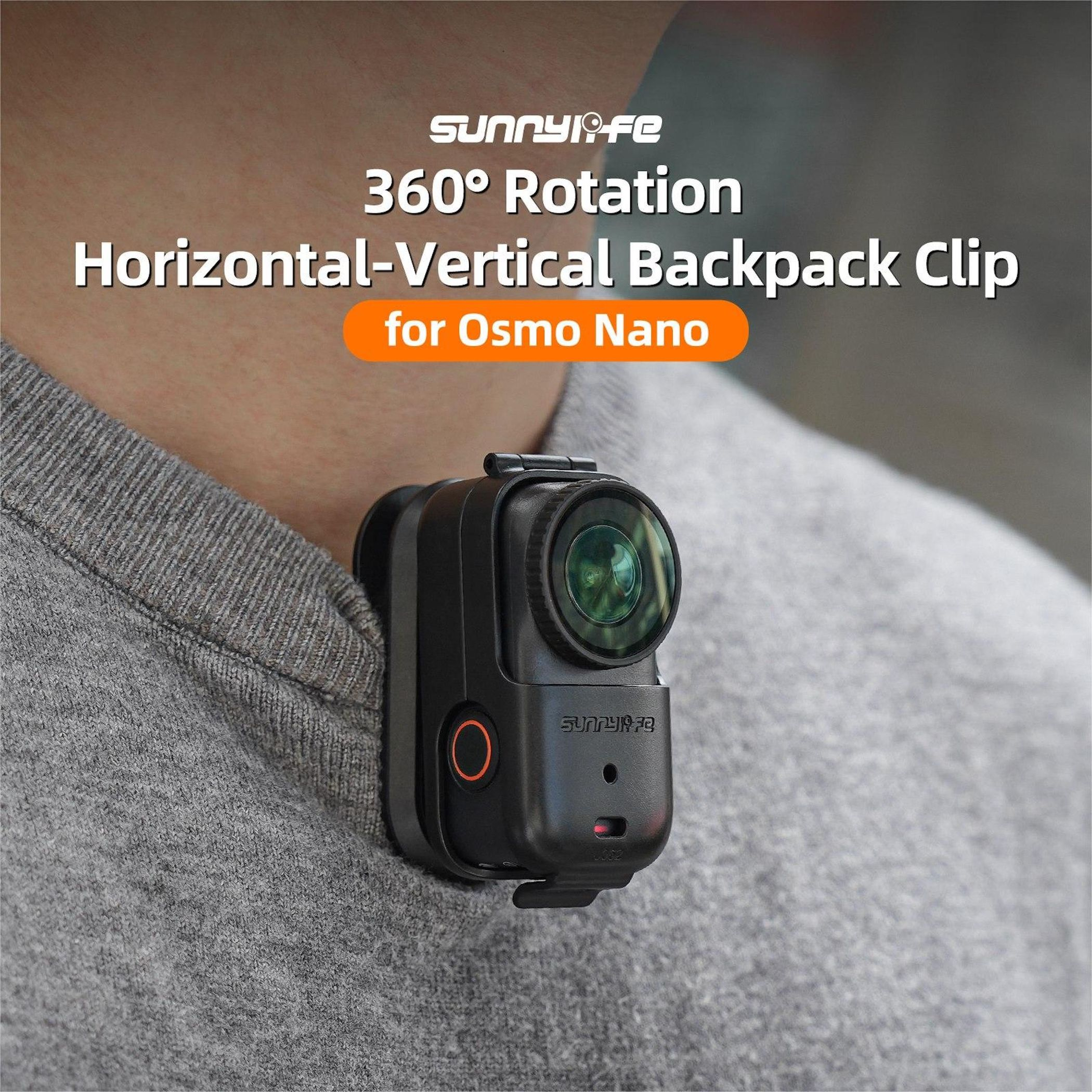 Schwarzer Kameraclip an einem grauen Hemdkragen befestigt. 360° Drehung.