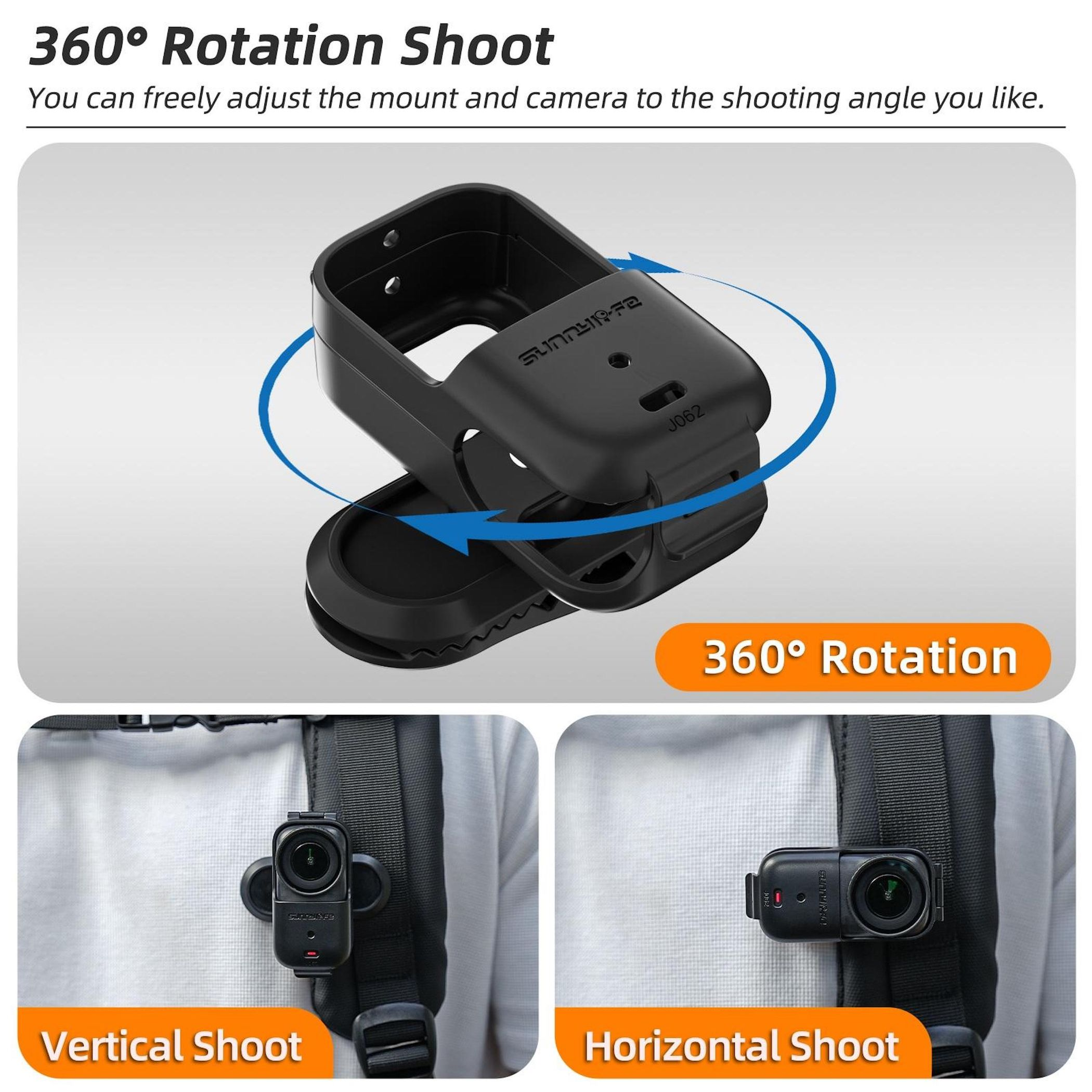 Schwarz Clip-Halterung mit Kamera für 360-Grad-Aufnahmen, vertikal und horizontal.
