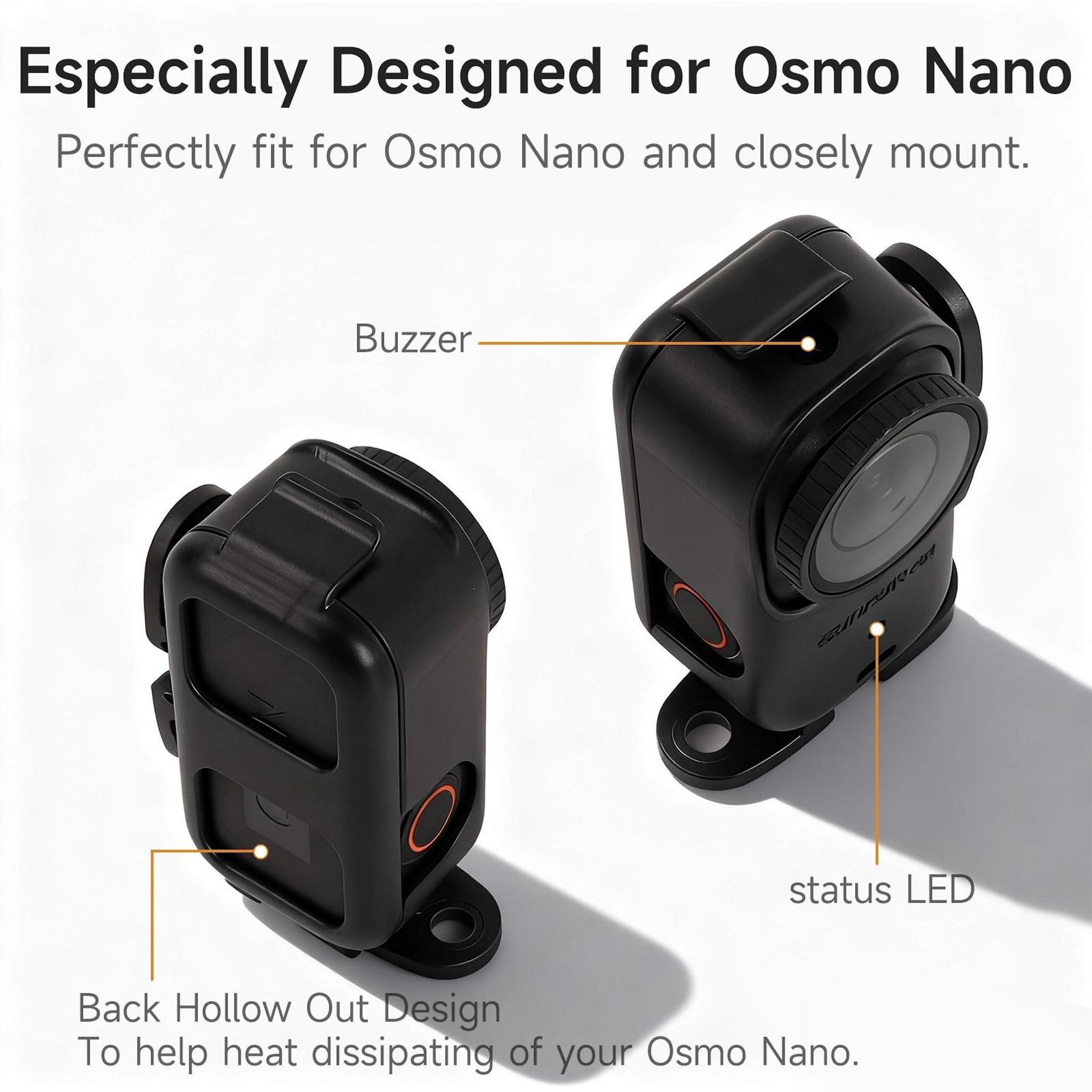 Zwei schwarze Osmo Nano Halterungen mit Beschriftungen für Buzzer und Status-LED.