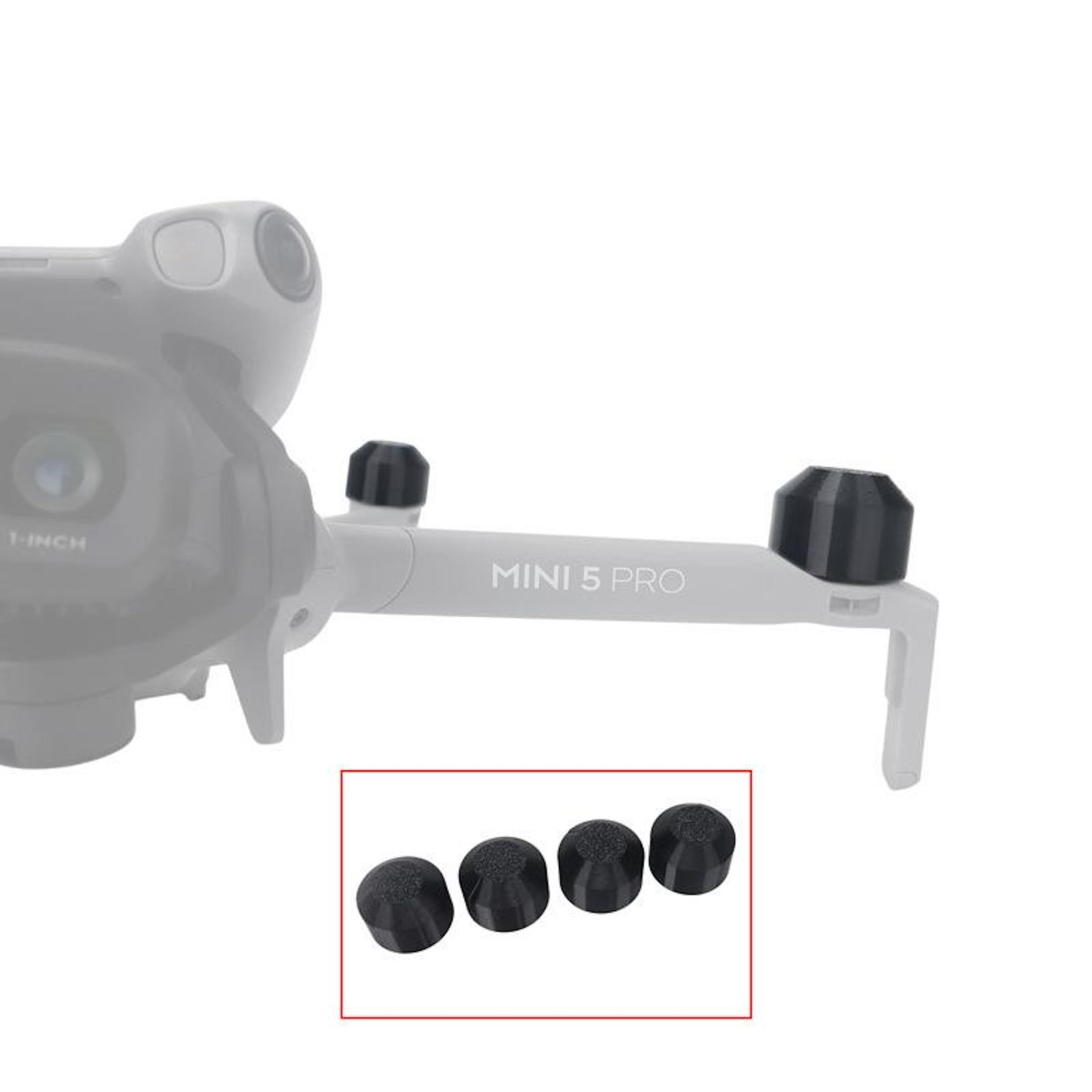 Drohne Mini 5 Pro mit vier schwarzen Gimbal-Schutzabdeckungen im Ausschnitt.