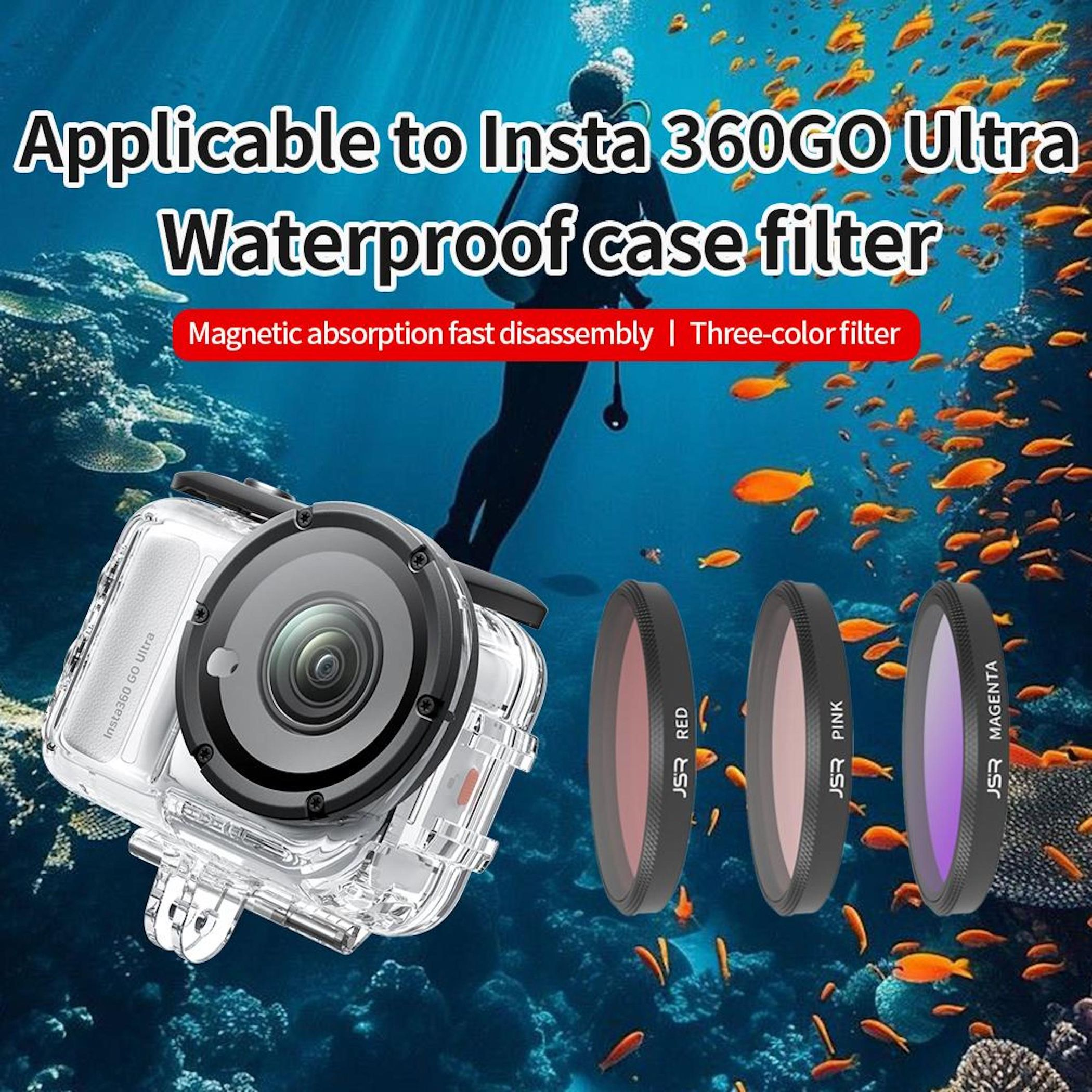 Unterwasseraufnahme einer Kamera mit Filtern, Taucher und Fischen.