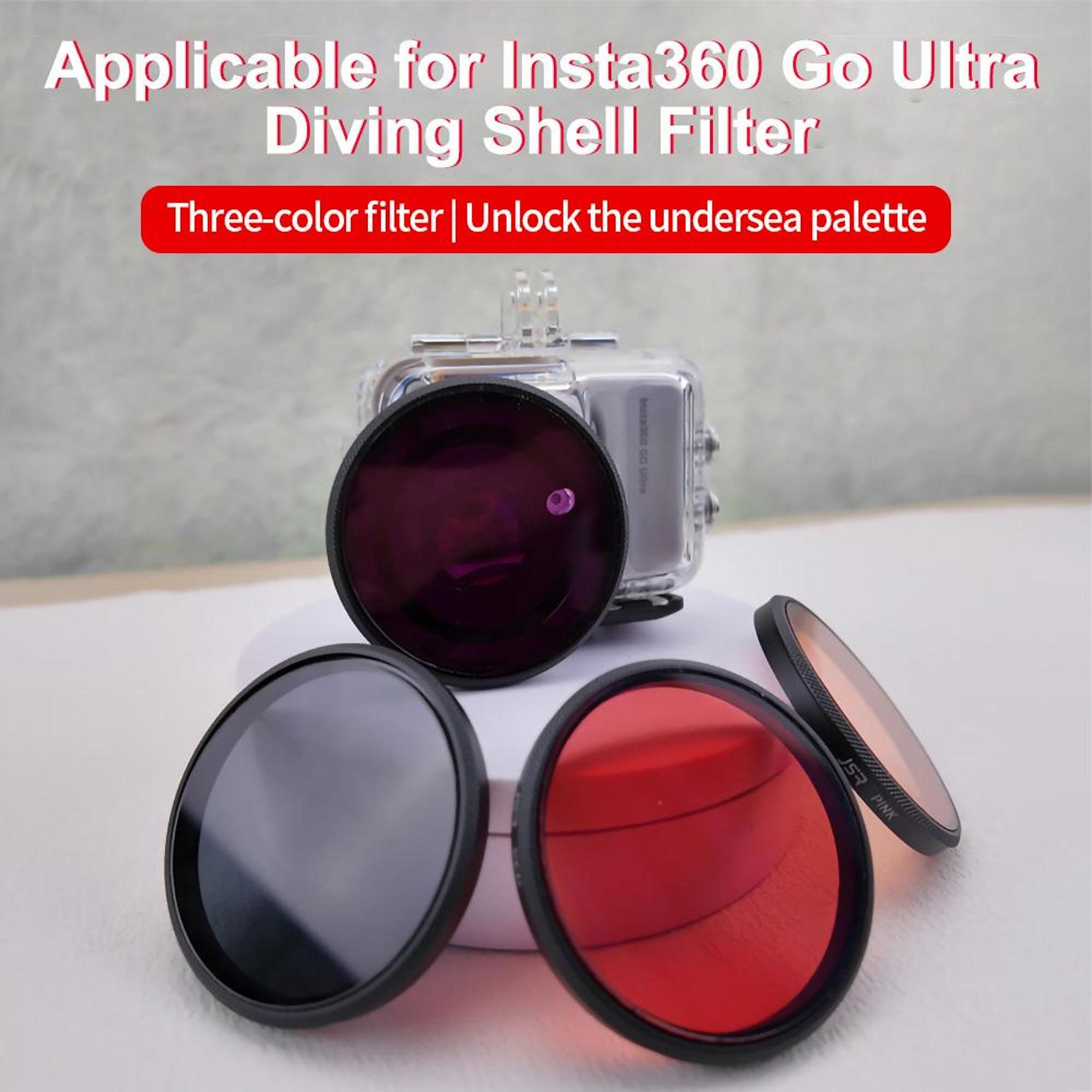 Insta360 Go Ultra Tauchgehäuse-Filter mit drei Farbfiltern.