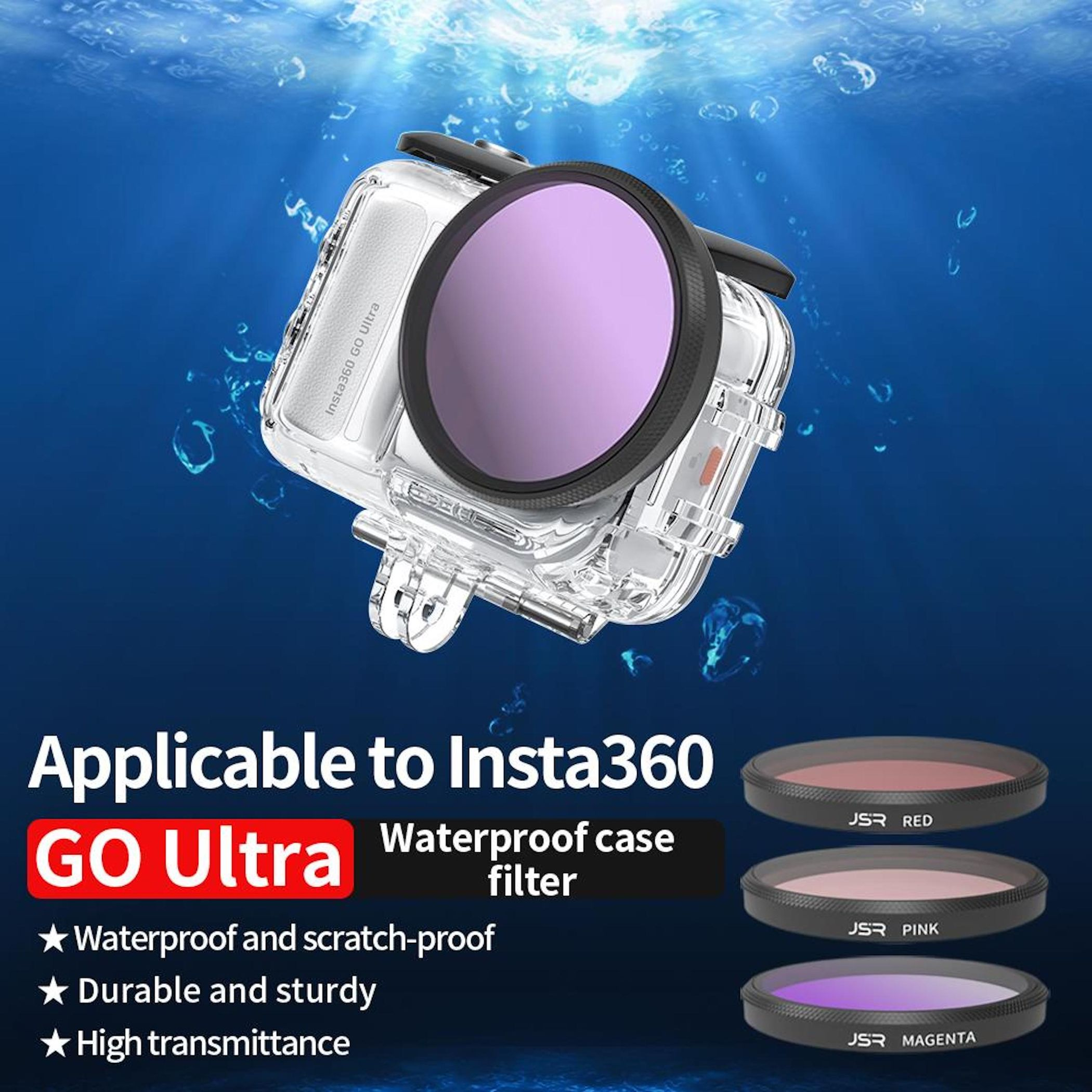 Insta360 GO Ultra wasserdichte Hülle mit Filtern rot, pink, magenta.