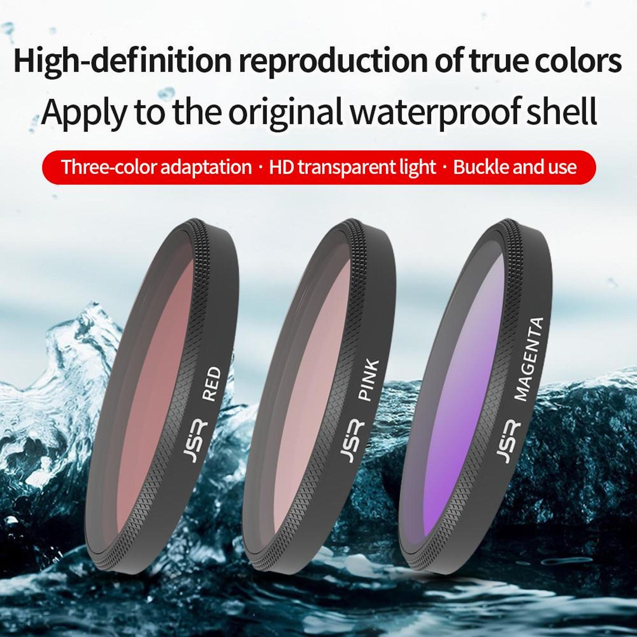 Drei Farbfilter: Rot, Pink und Magenta, vor einem Wasserhintergrund.