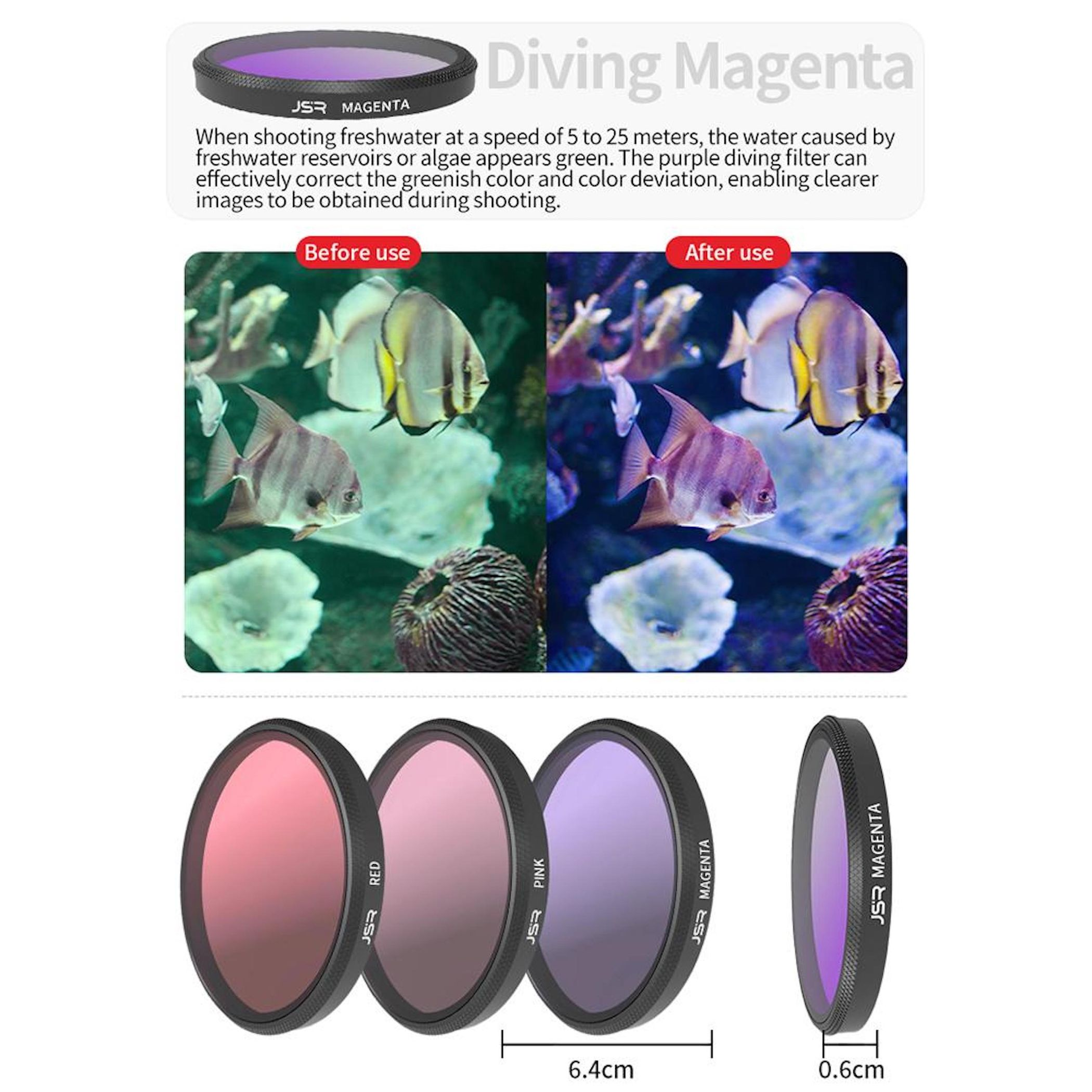Diving Magenta Filter: Vorher/Nachher-Unterwasseraufnahmen und Rot-, Pink-, Magentafilter.
