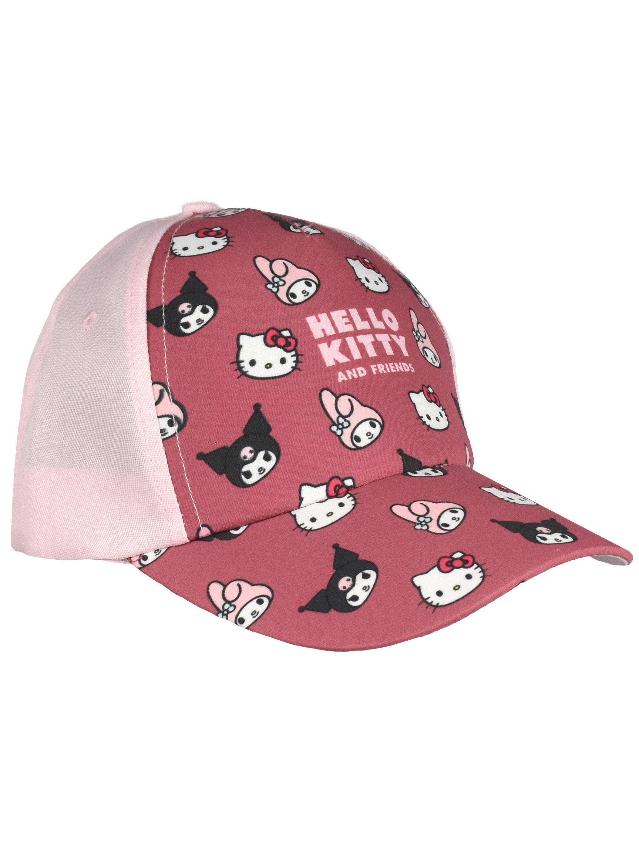 Eine rosafarbene Kappe mit Hello Kitty und Freunden Aufdruck.