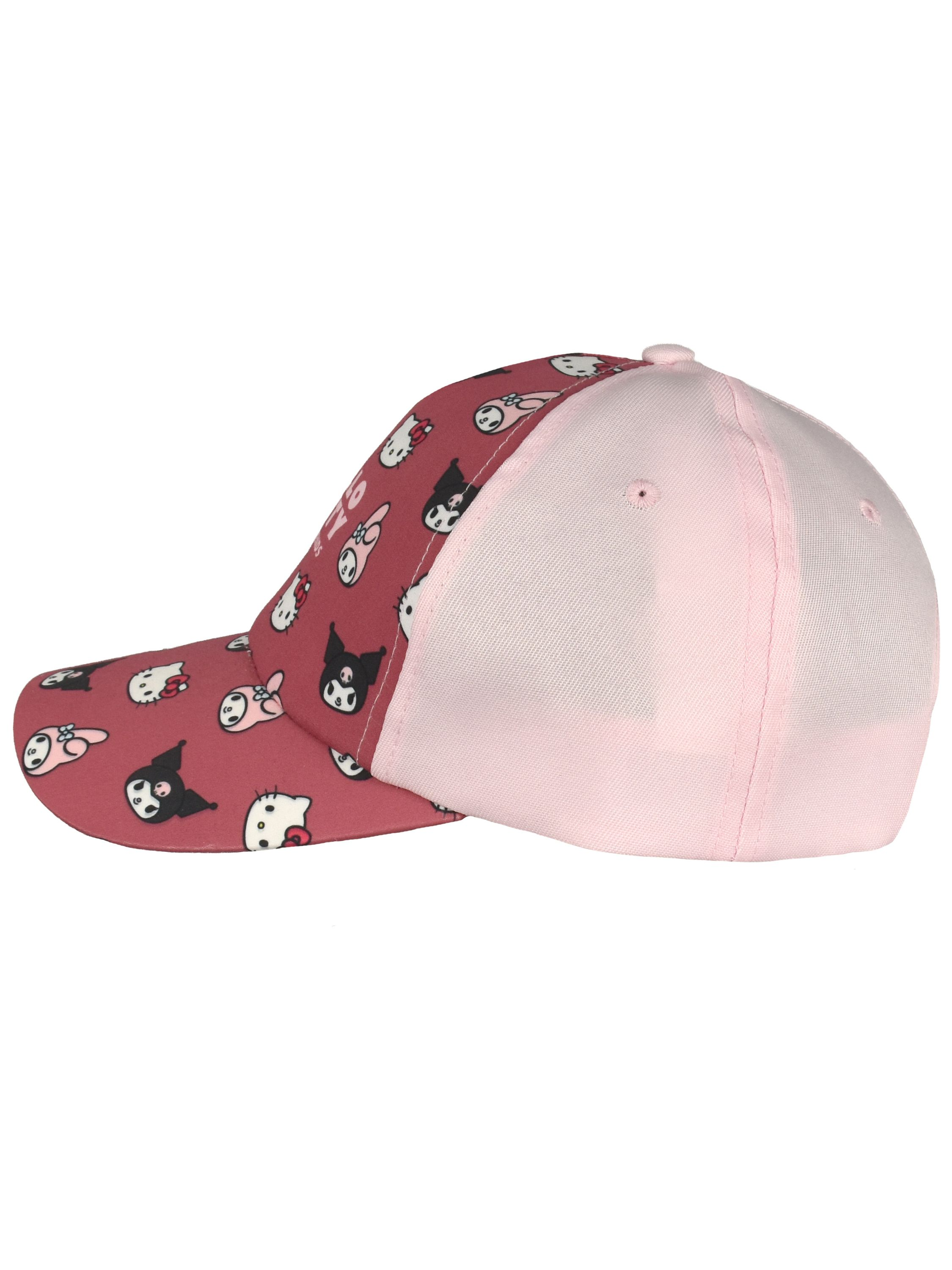 Eine Baseballkappe mit rotem Stoff und süßen Katzenmotiven und einem hellrosa Schirm.