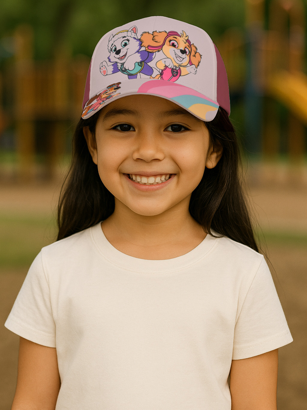 Ein lächelndes Mädchen mit einer Kappe mit Paw Patrol Charakteren im Freien.