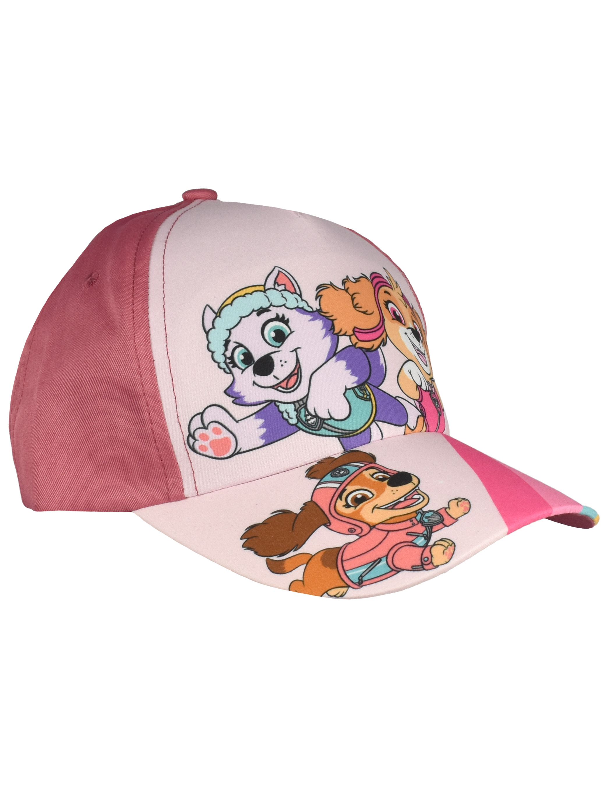 Eine rosa Kappe mit Paw Patrol-Motiv und drei Hunden.