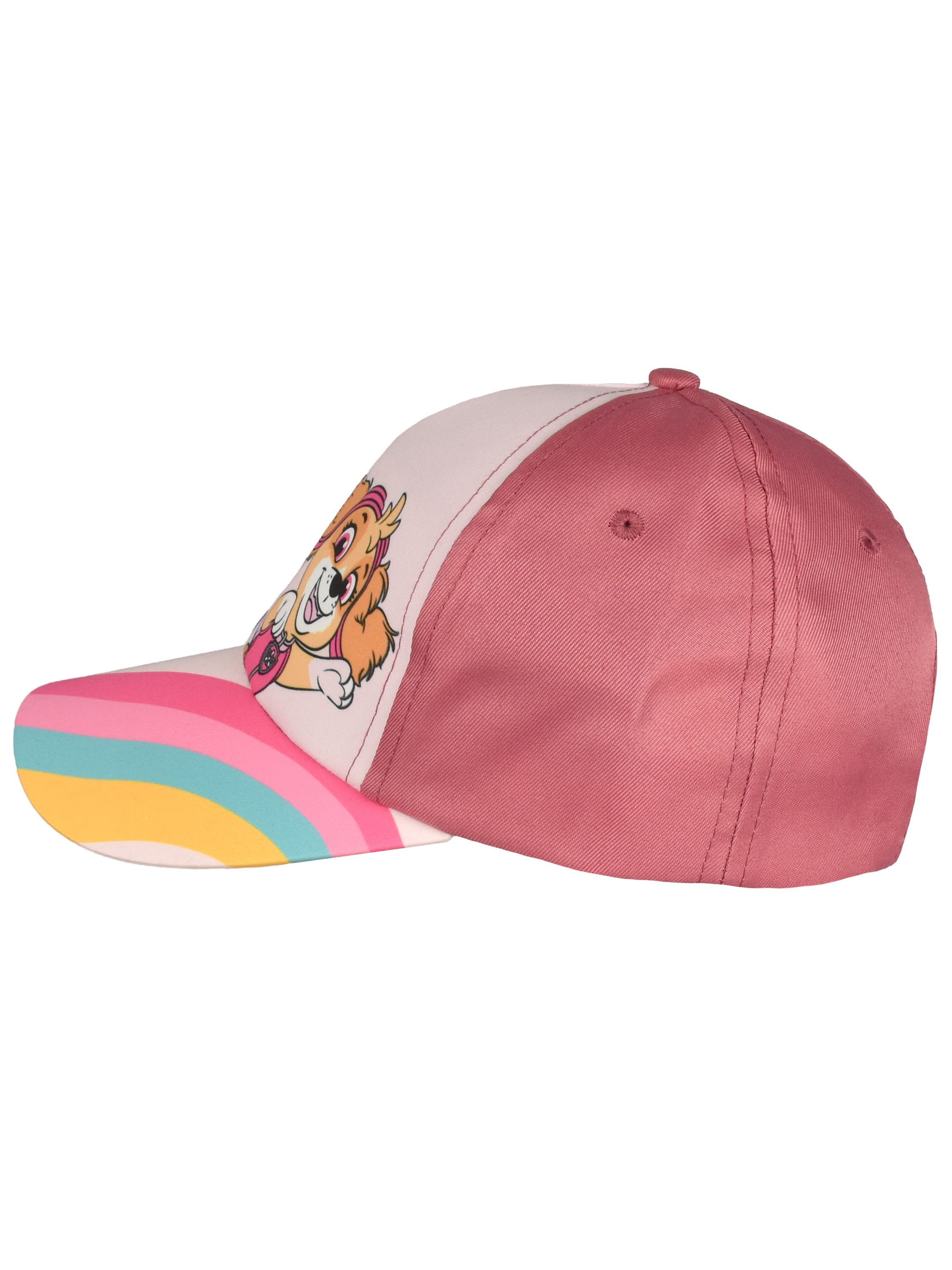 Eine rosa Kappe mit einem Cartoon-Hund und Regenbogen-Design auf dem Schirm.