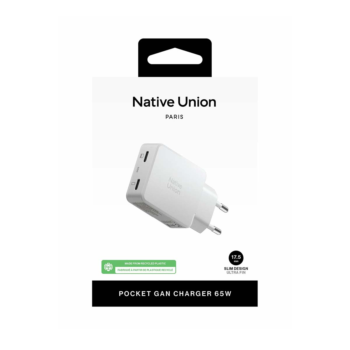 Weißer Native Union 65W Netzstecker mit zwei USB-C-Anschlüssen.