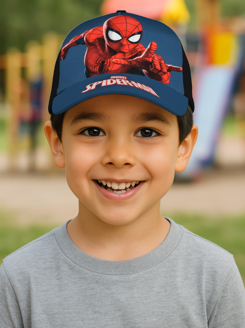Ein Junge trägt eine Spiderman-Kappe und ein graues T-Shirt. Er lächelt.