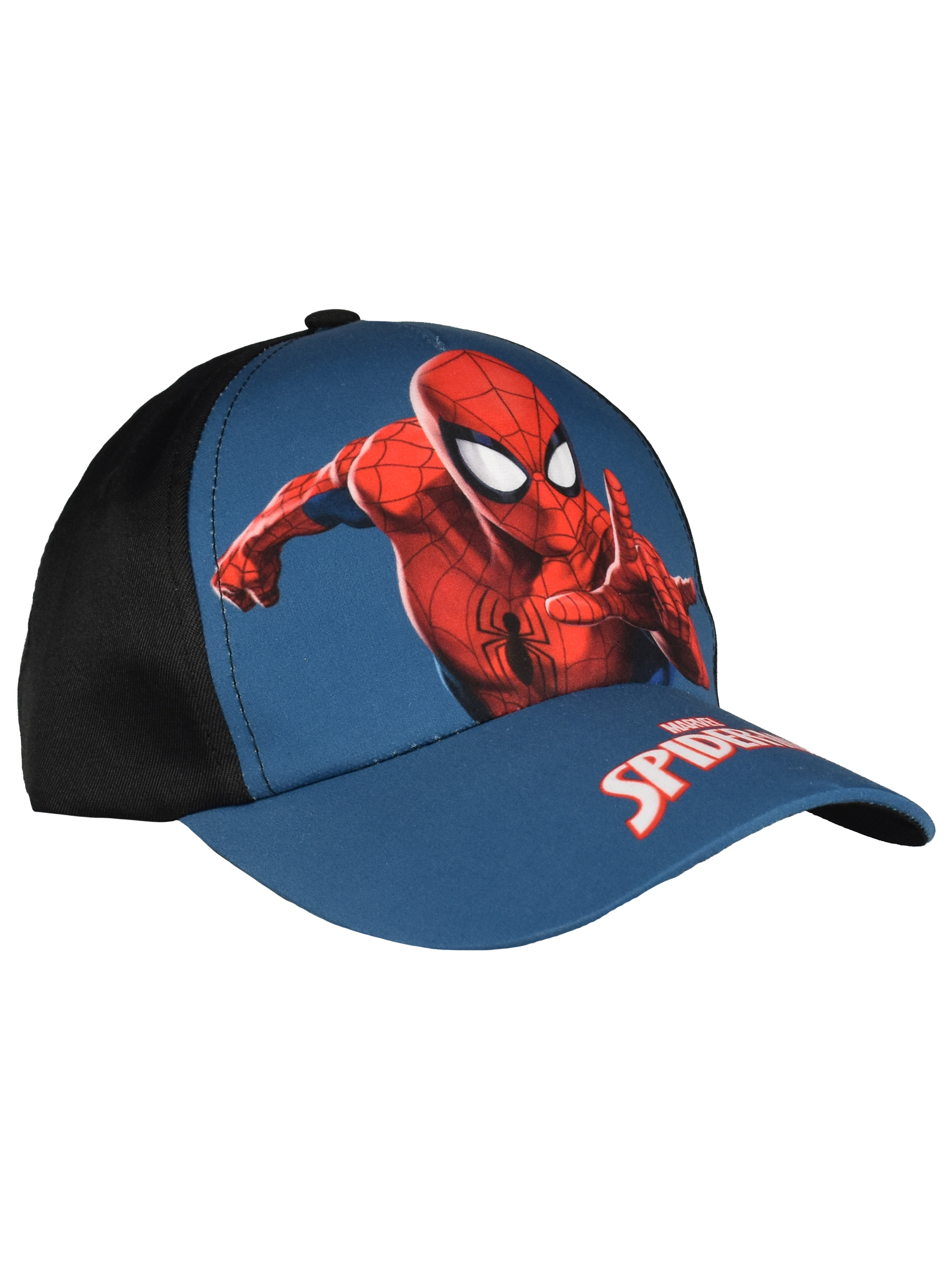 Eine blaue Kappe mit Spider-Man-Aufdruck und schwarzen Seitenteilen.