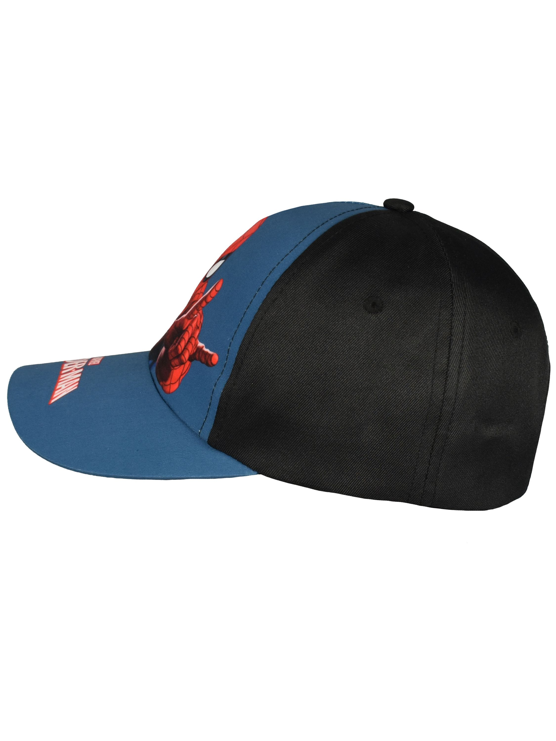 Eine blaue Baseballkappe mit schwarzem Oberteil und Spiderman-Motiv.