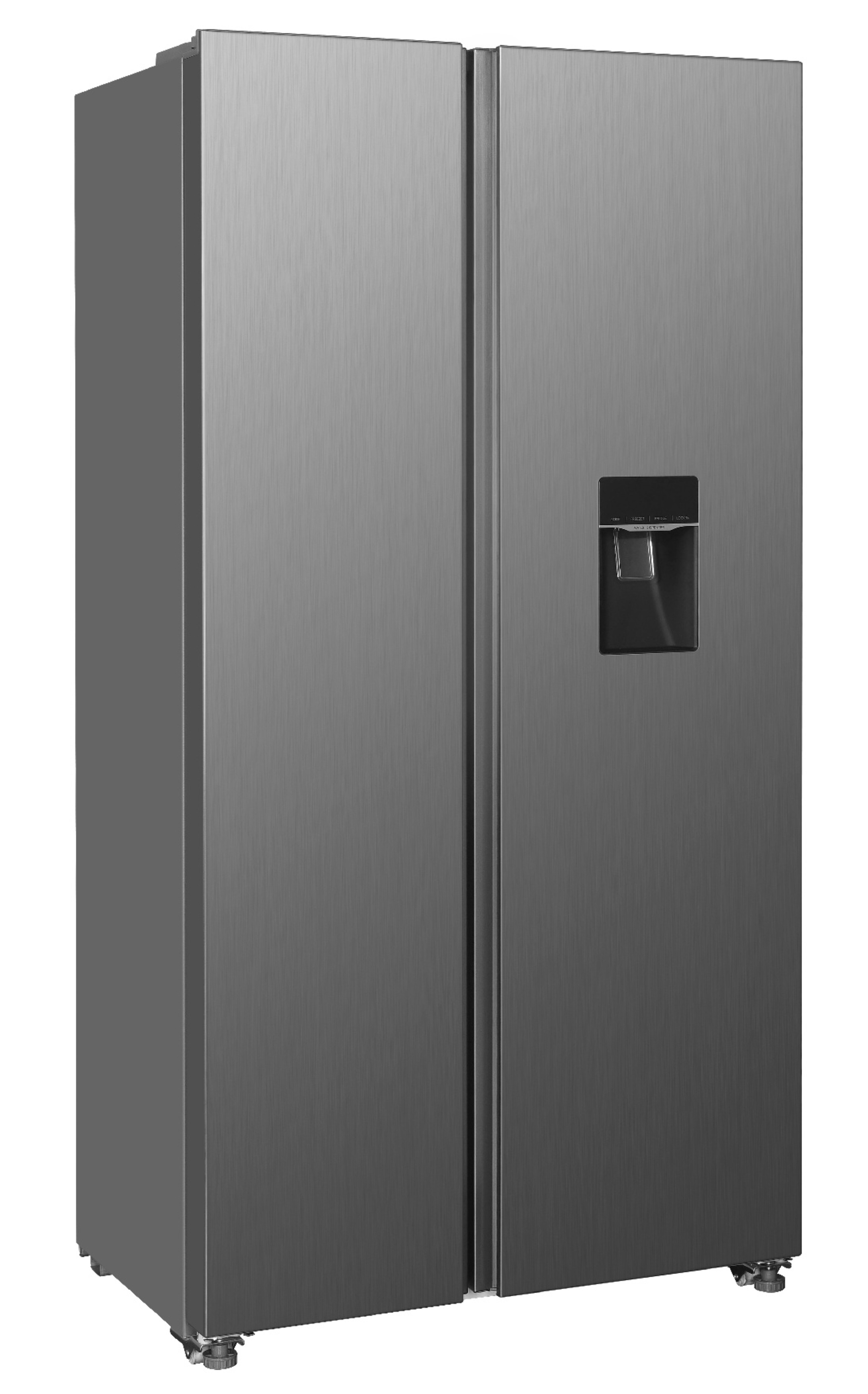 Ein silberner Kühlschrank mit zwei Türen und einem Wasserspender.