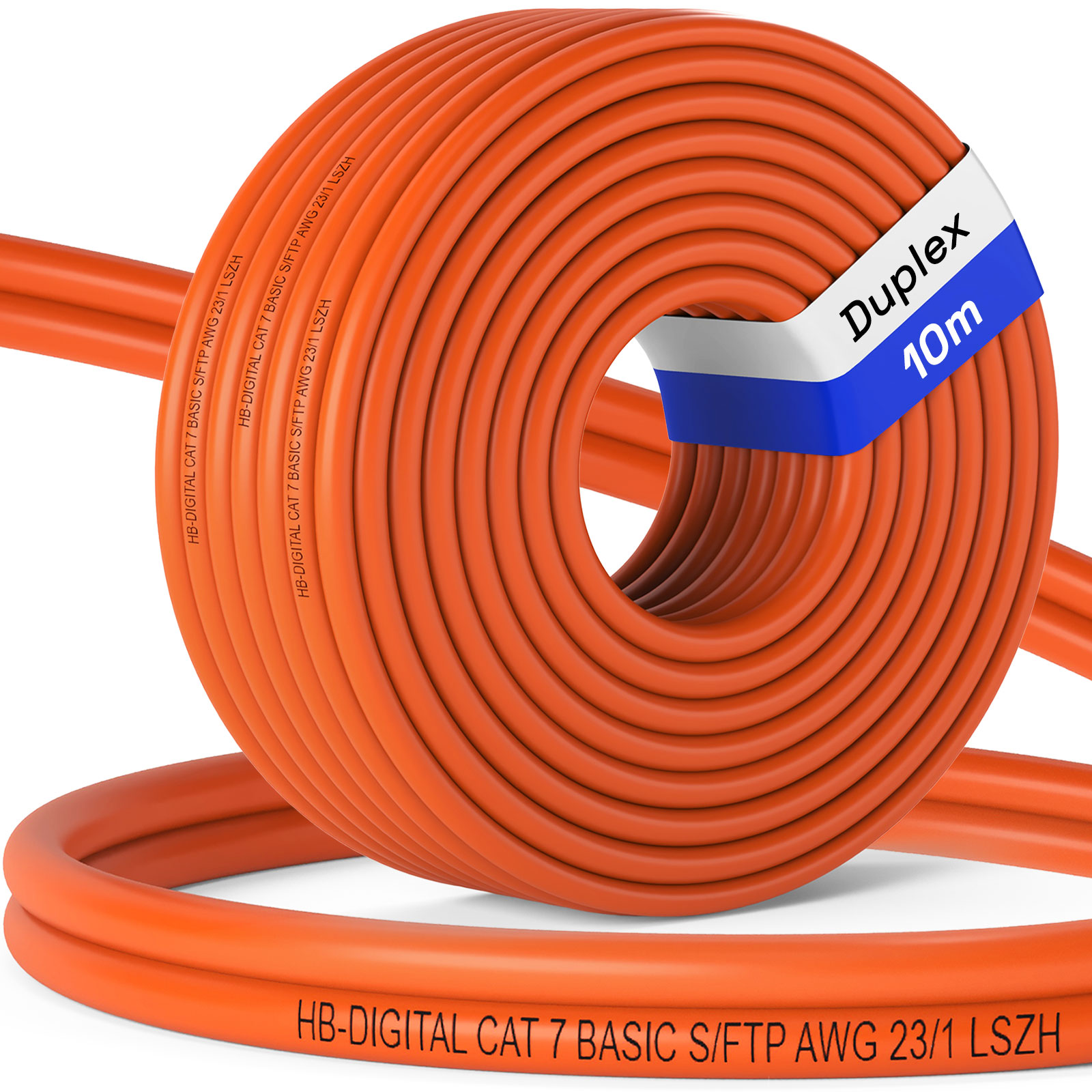 Eine Rolle orangefarbenes CAT 7 Netzwerkkabel mit 10m Duplex-Länge.
