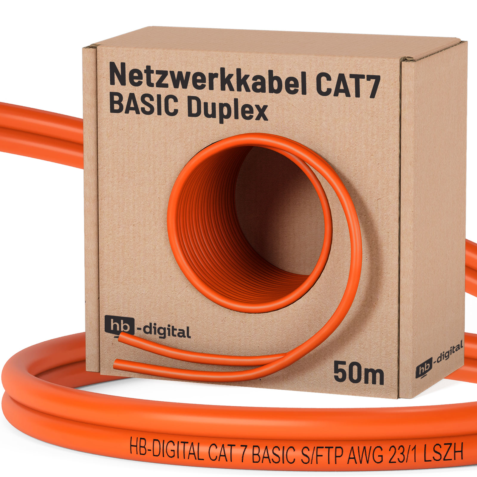 Orange CAT7 Netzwerkkabel mit 50m Länge auf einer Papprolle.