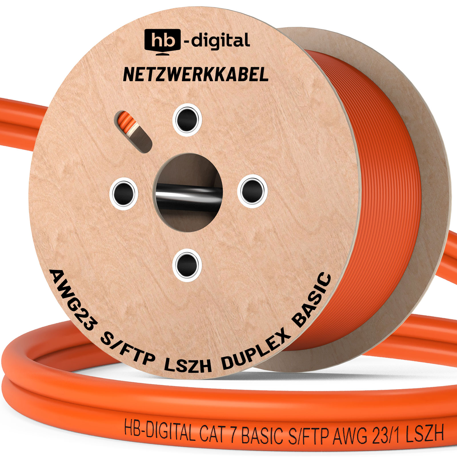 Orange Netzwerkkabel auf Holzspule, mit Aufschriften wie AWG23 S/FTP.