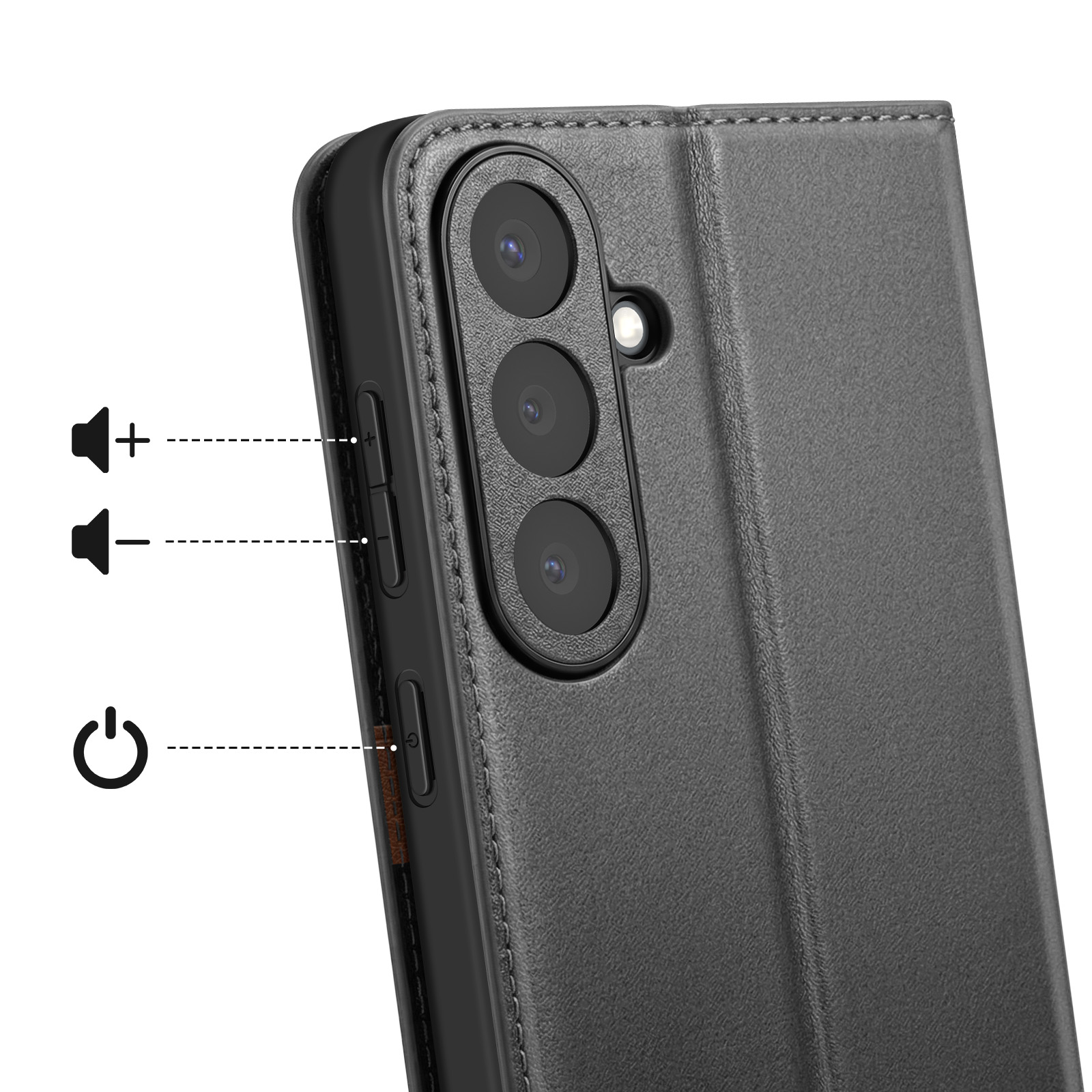 Custodia per telefono grigia con pulsanti volume, accensione e fotocamere.