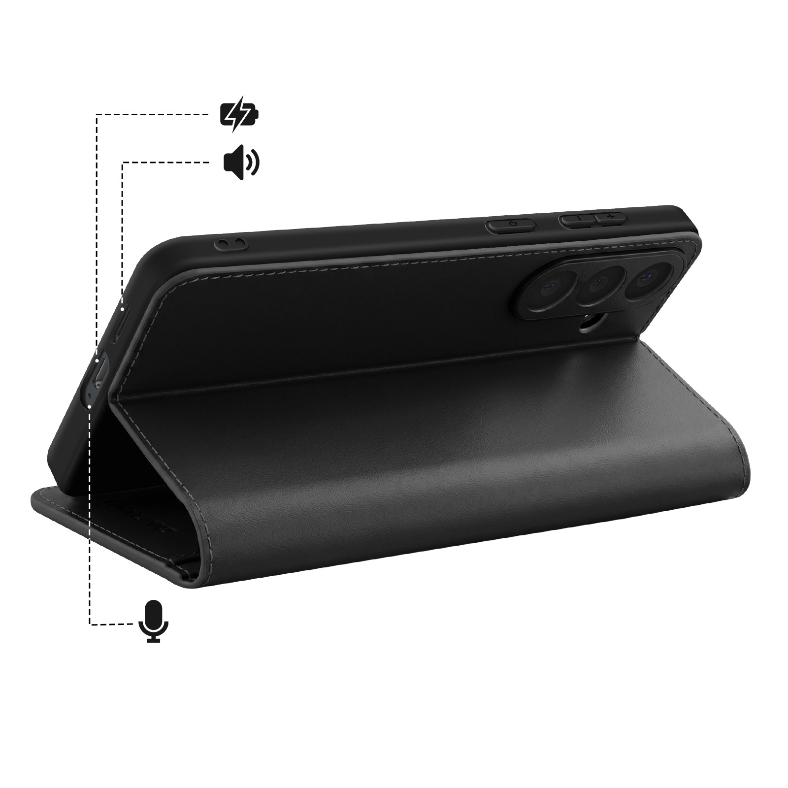 Smartphone nero in custodia a flip, con tre fotocamere e pulsanti volume/accensione.