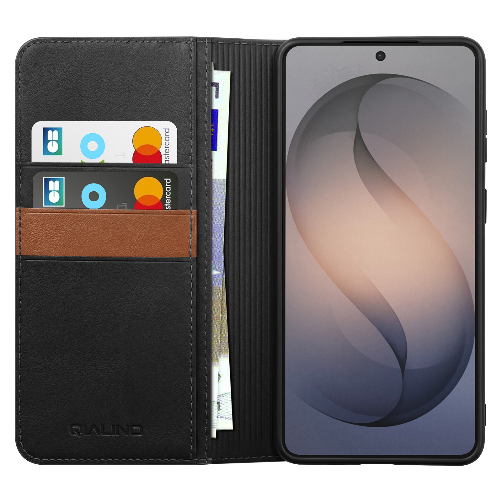 Custodia nera per telefono con slot per carte, banconote e smartphone.