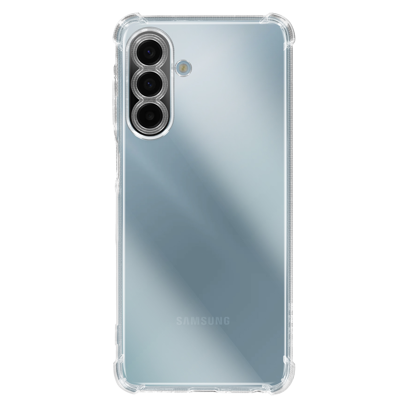 Coque de téléphone transparente avec trois objectifs et flash en haut à gauche.